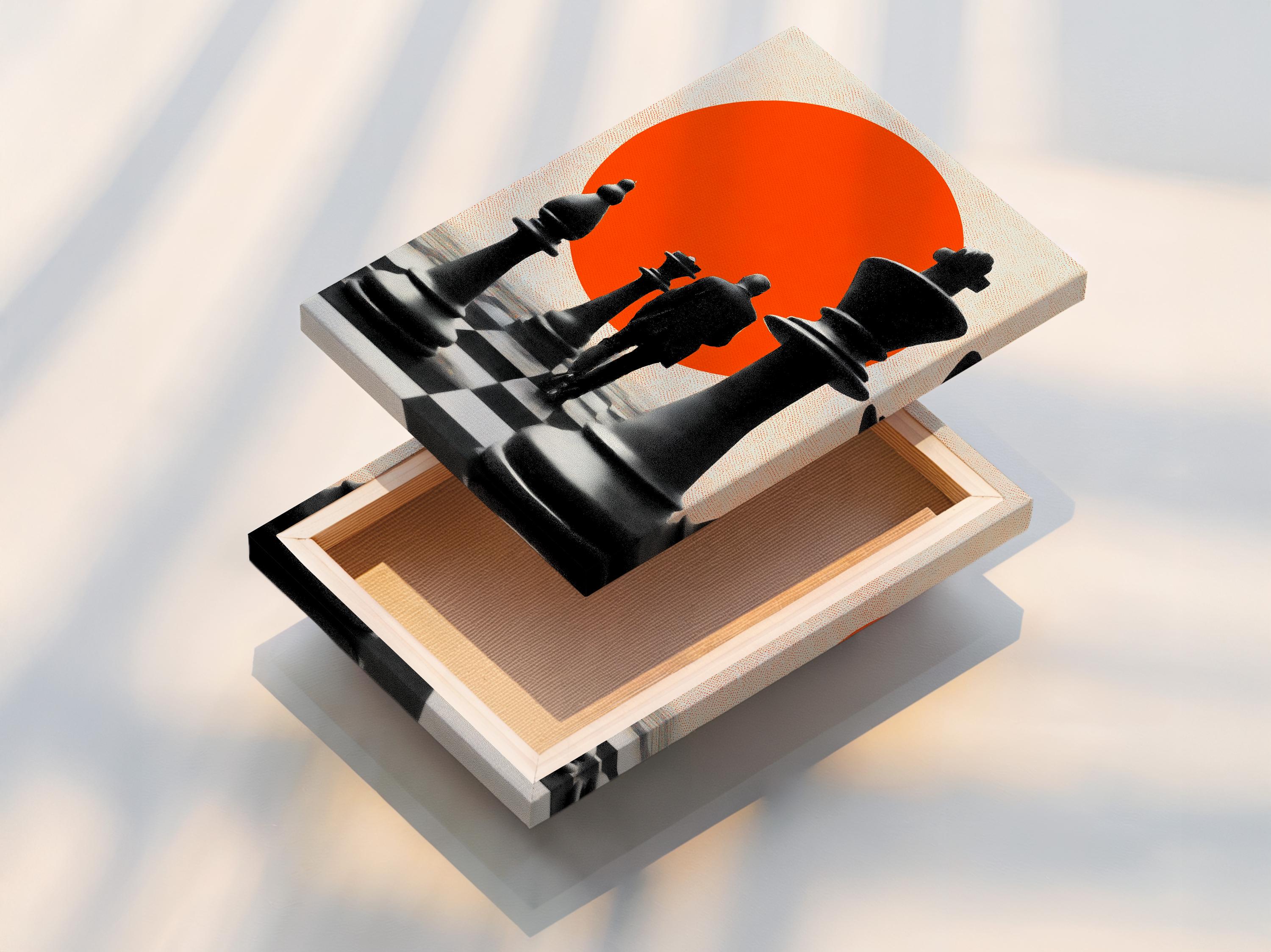 Chess canvas wall art in a frame, showing black pieces on a checkered floor with an orange circle backdrop