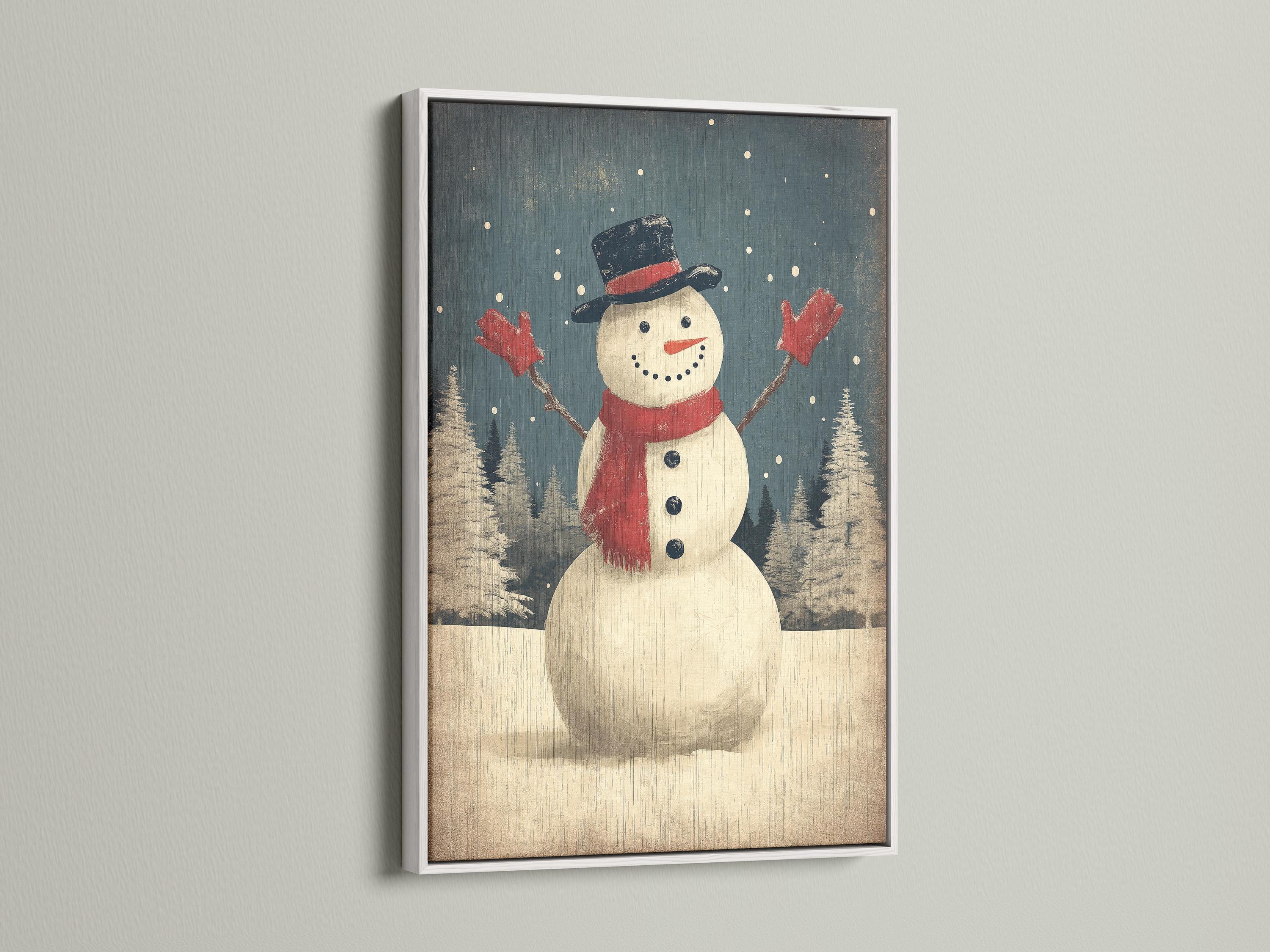 Snowman standing in falling snow with a dark top hat and red scarf in a winter forest scene detail view