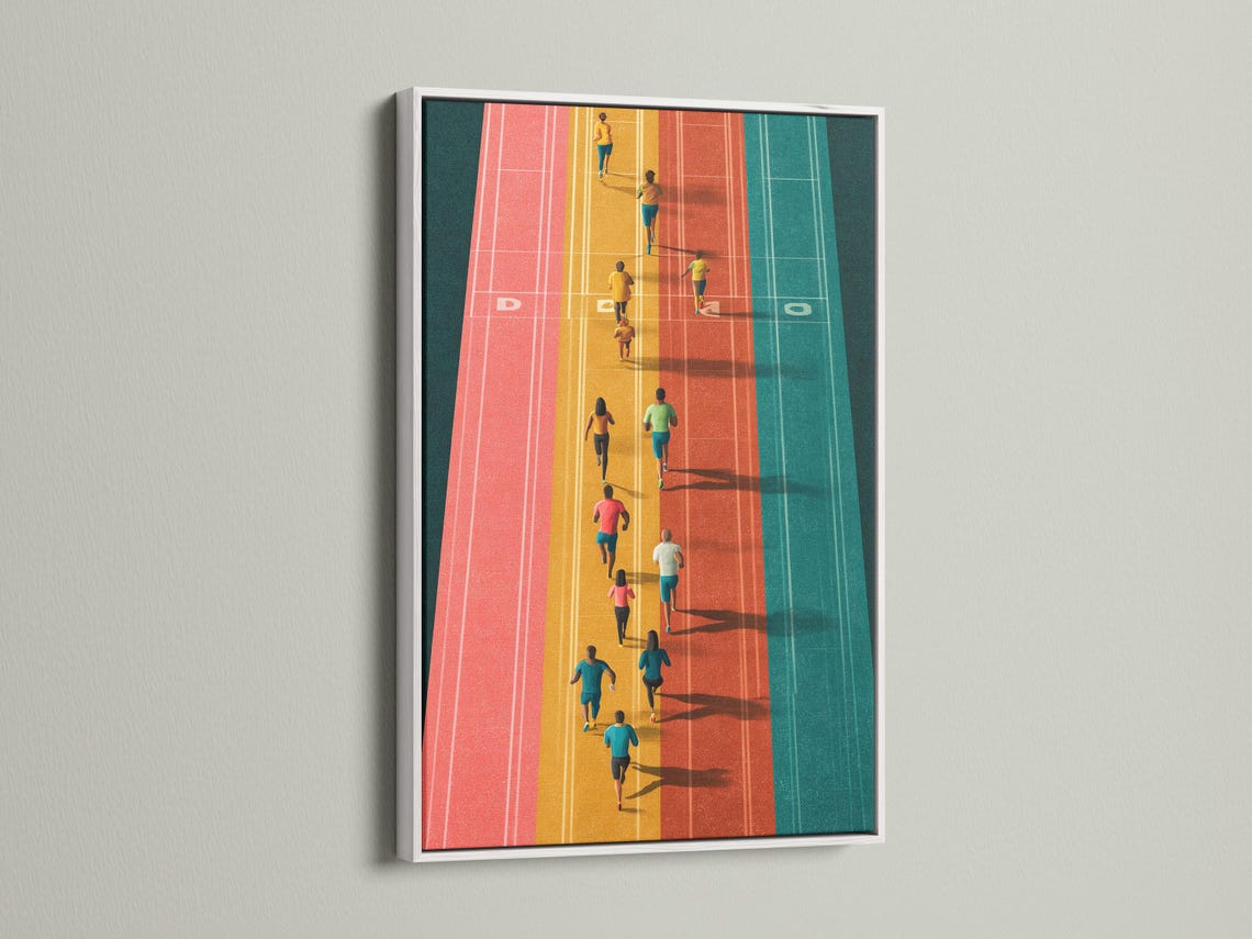 Room mockup showing framed aerial running track artwork with runners