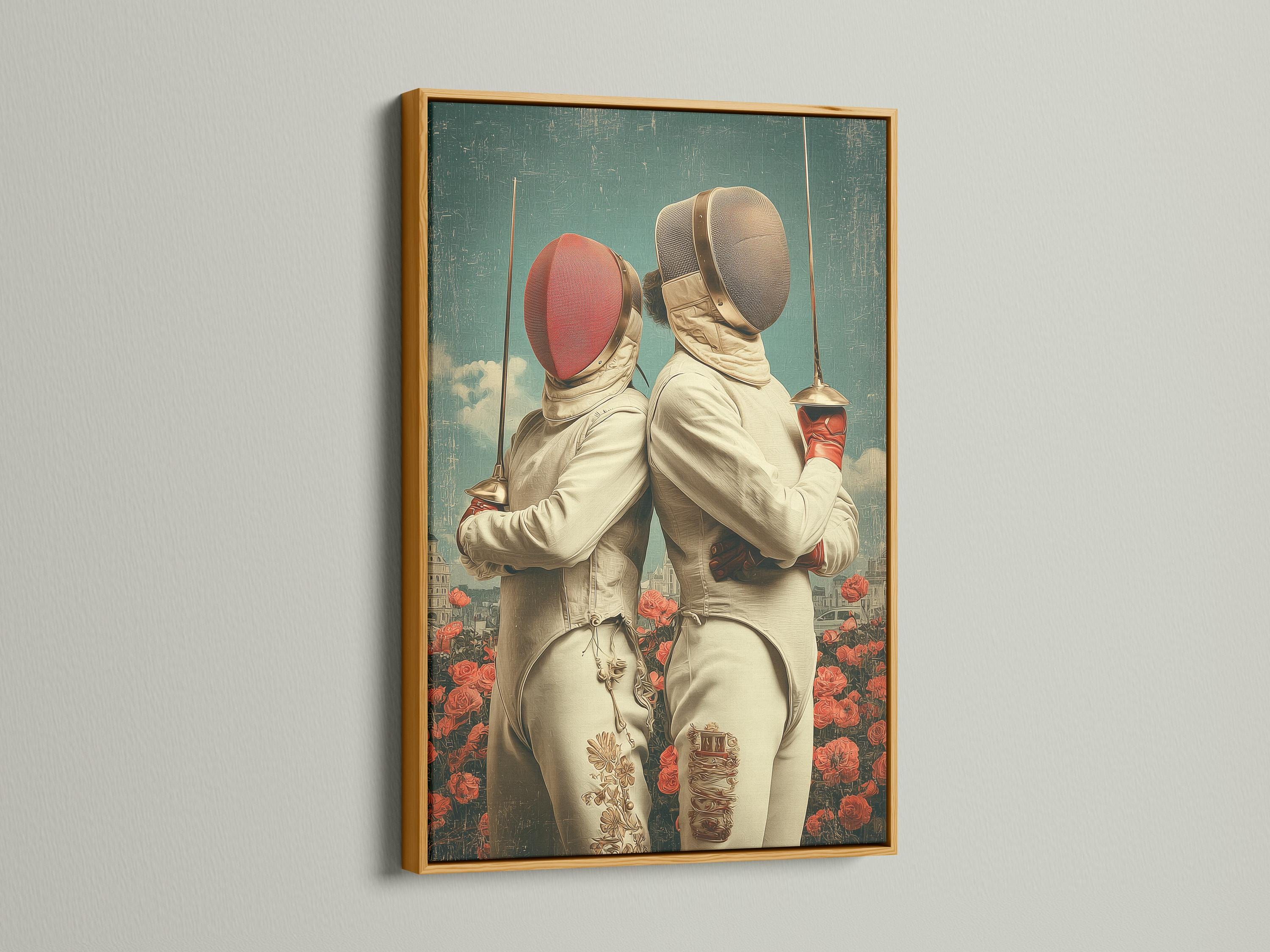 Two fencers in cream masks standing back-to-back with red roses and a hazy city skyline detail view