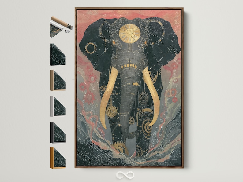 Mechanical elephant illustration with gear and clockwork details in teal, muted pink and gold