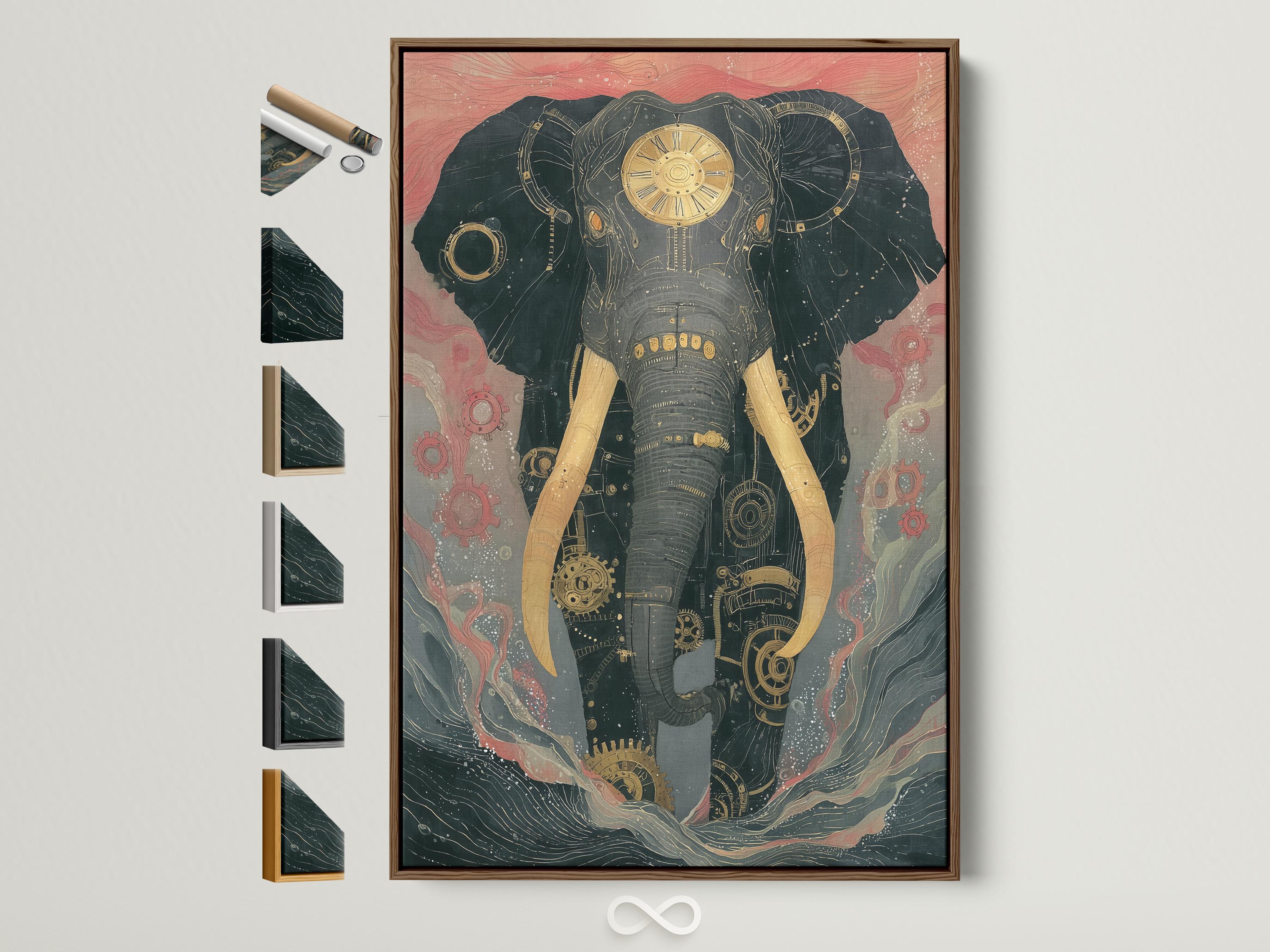 Mechanical elephant illustration with gear and clockwork details in teal, muted pink and gold