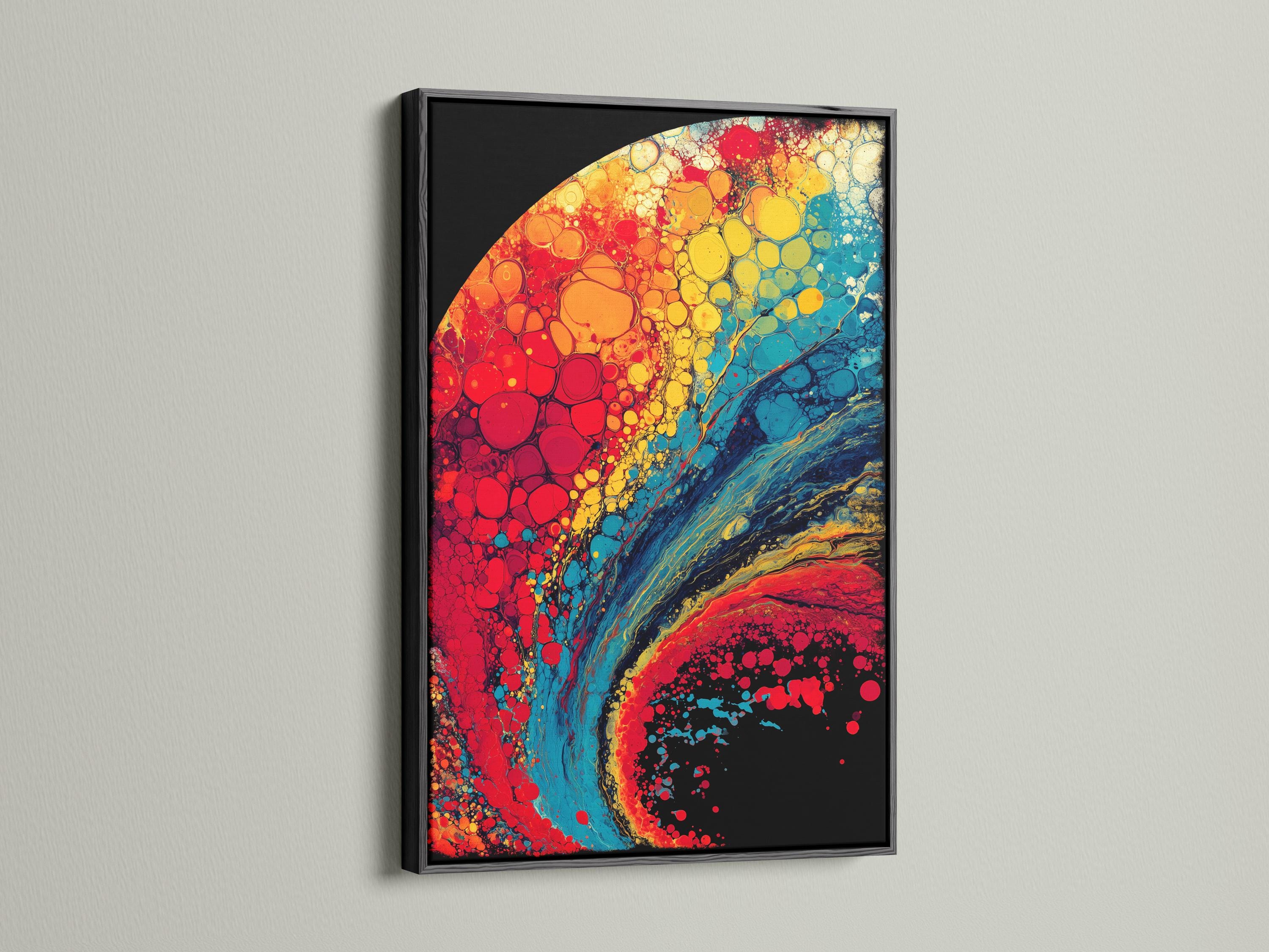 Abstract bubble artwork with red, yellow, aqua teal and dark black curved shapes detail view