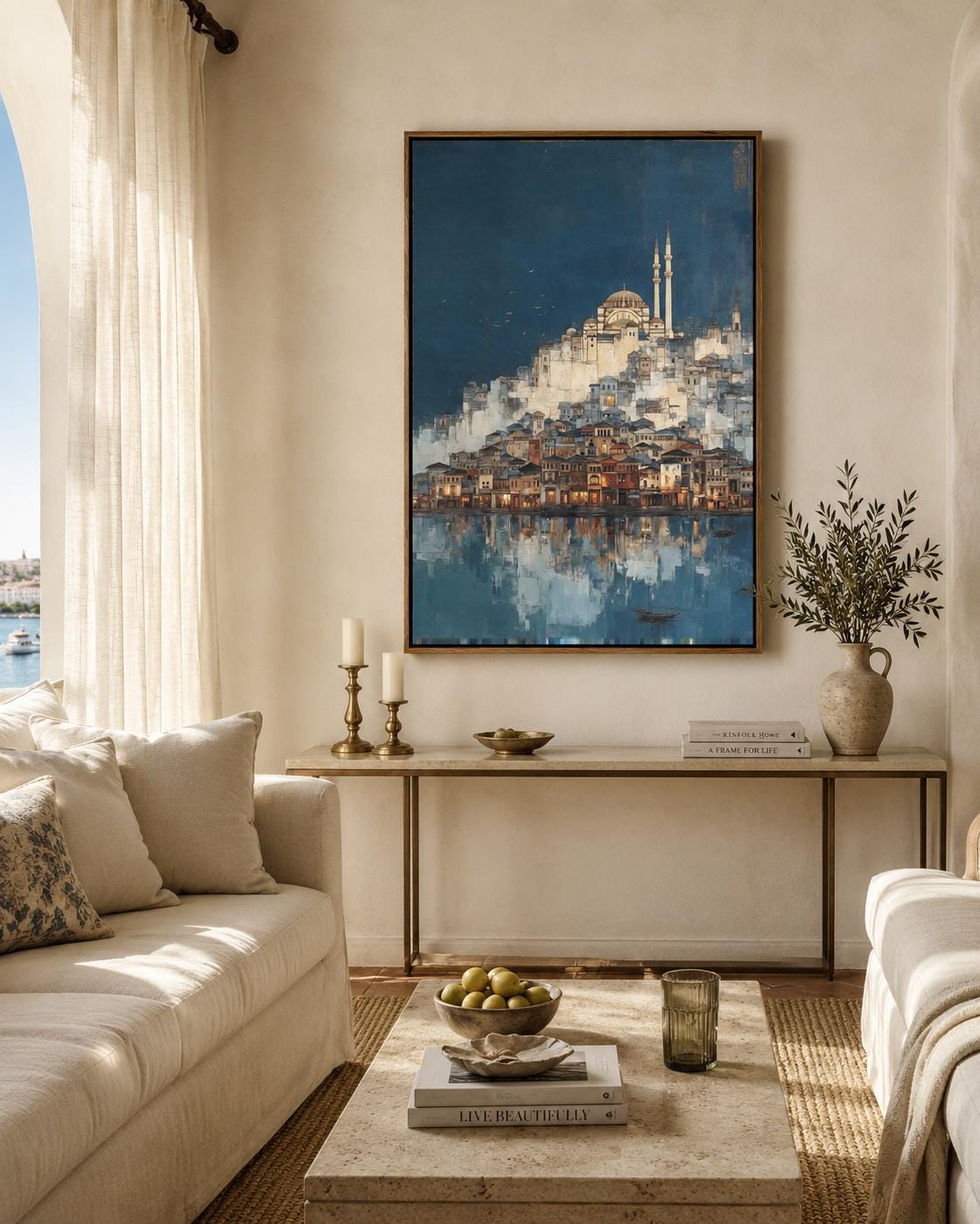 Room mockup with a framed blue cityscape mosque artwork on a wall