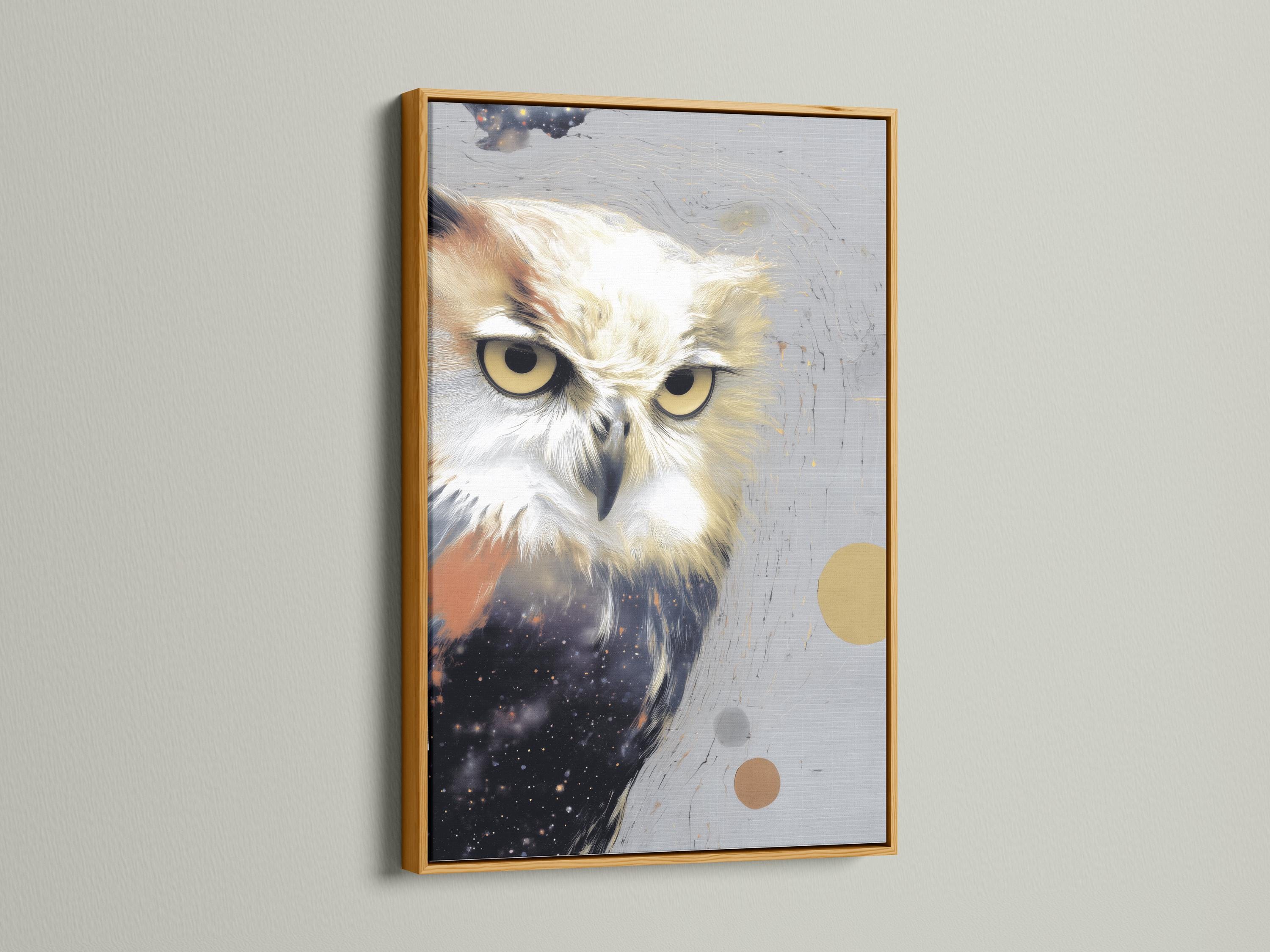 Stylised owl portrait with grey feathers, warm gold eyes, and speckled star-like background detail view