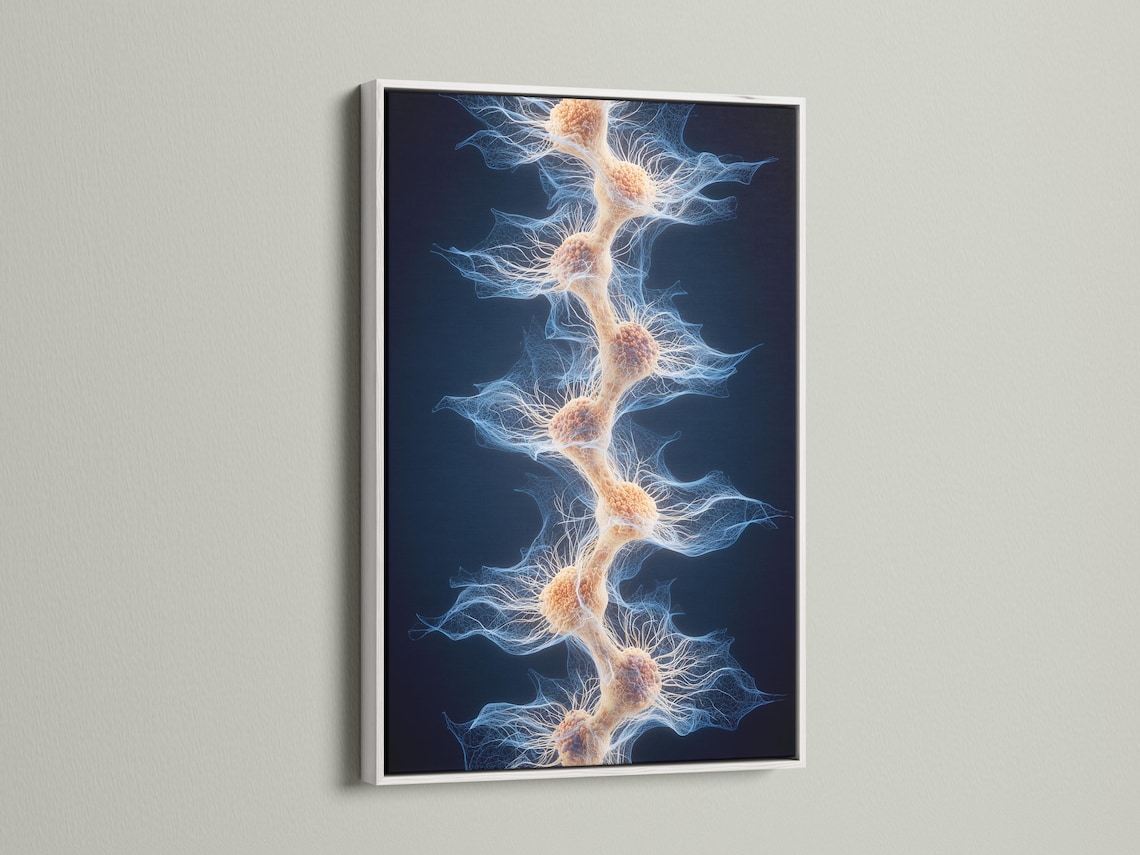 Dark navy abstract filament network with pale blue lines and beige nodes detail view