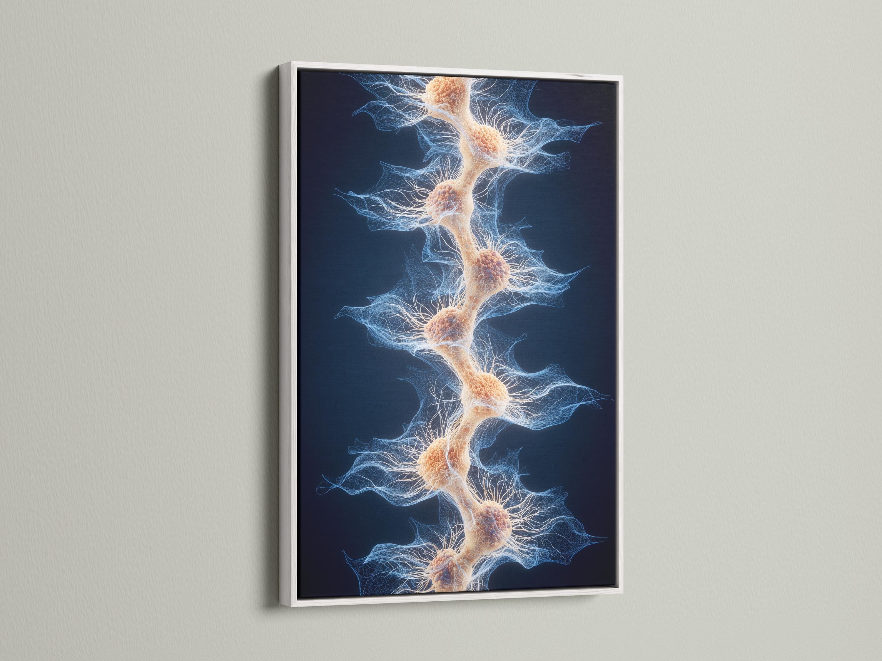 Dark navy abstract filament network with pale blue lines and beige nodes detail view