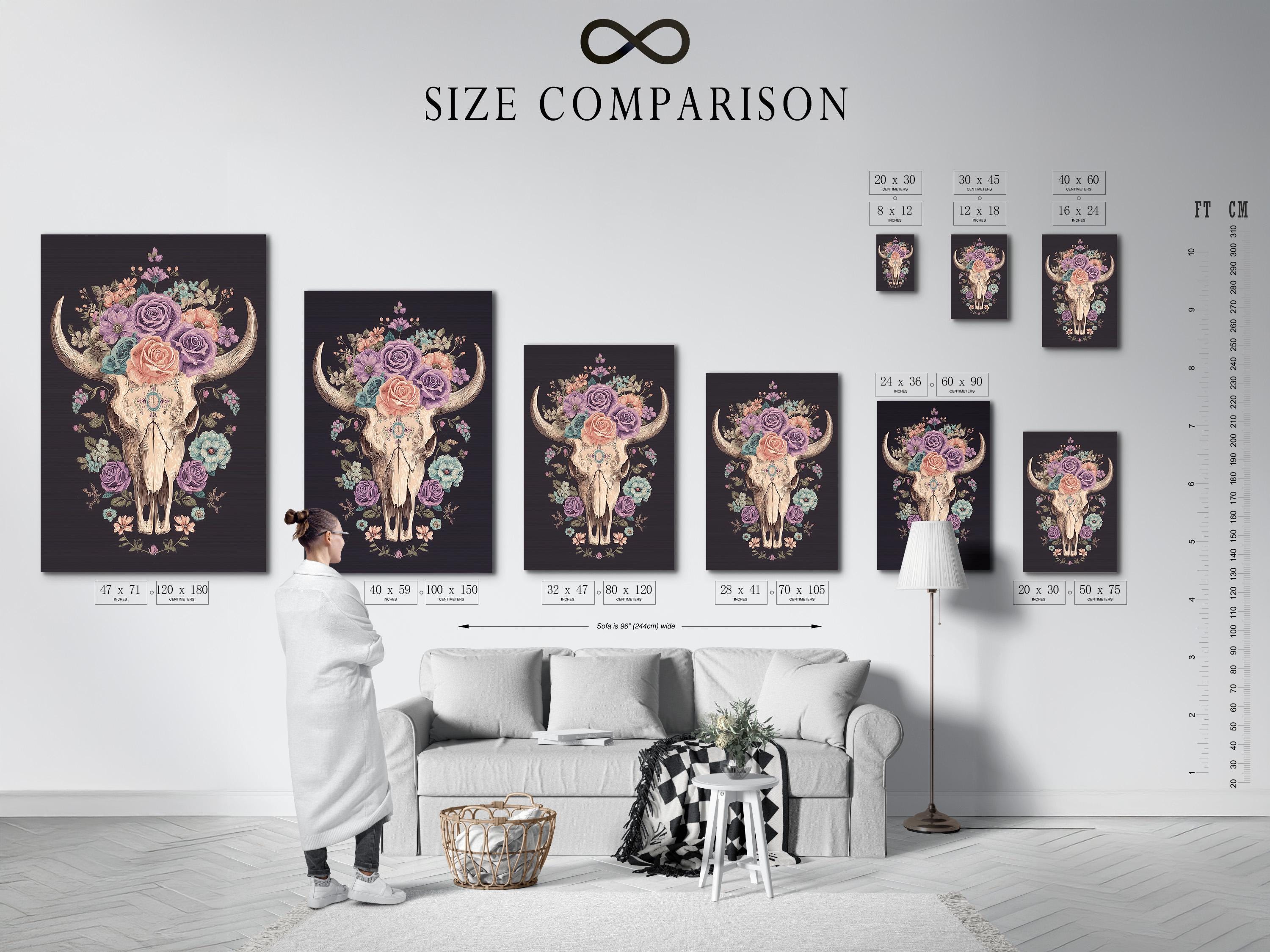 Pastel floral bull skull wall art with a rose crown and horns on a dark background detail view
