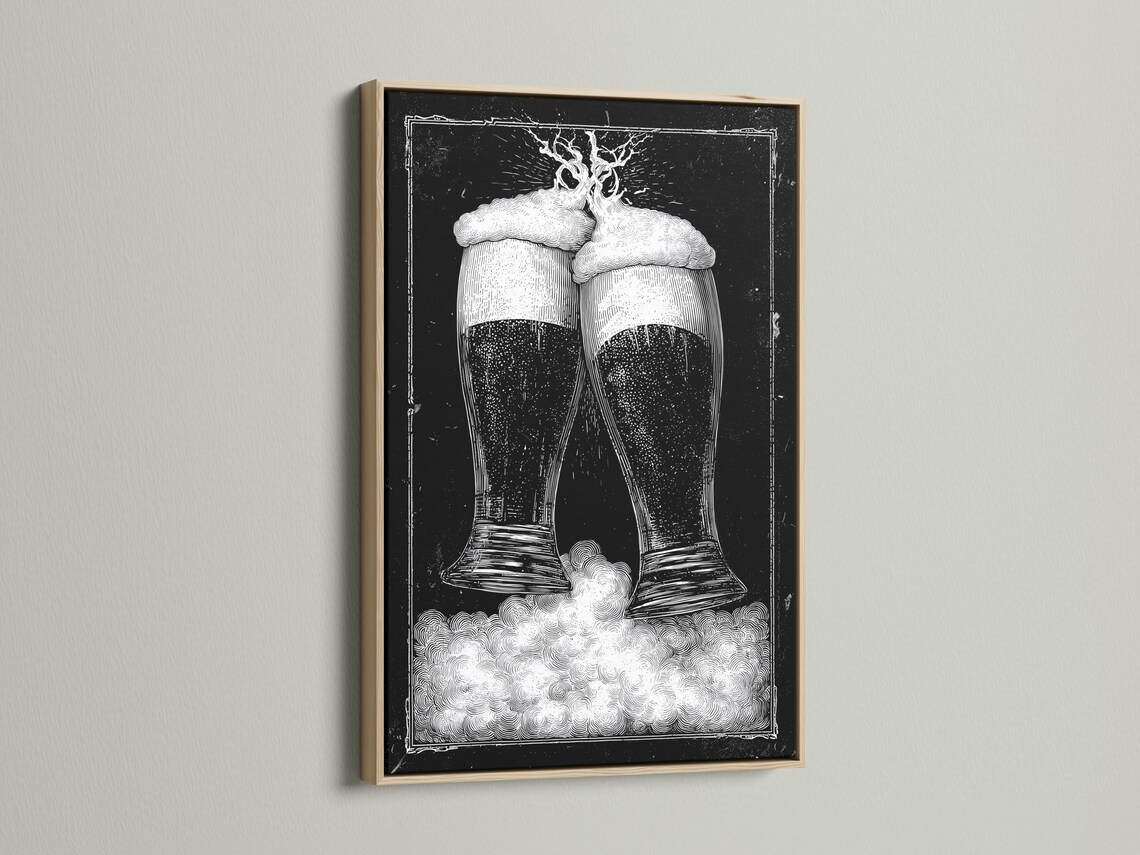 Monochrome illustration of two clinking beer glasses with foamy heads on a dark speckled background detail view