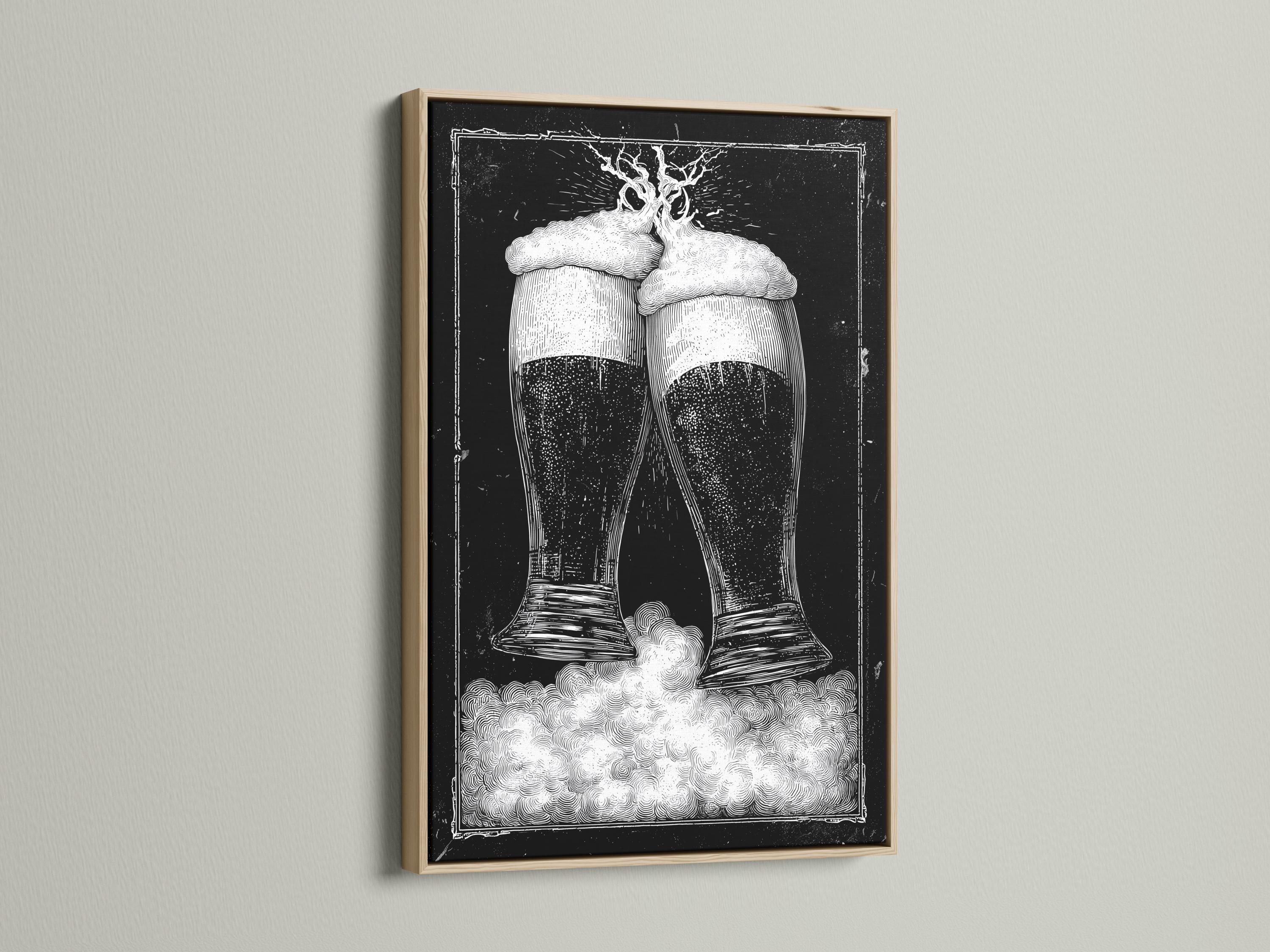 Monochrome illustration of two clinking beer glasses with foamy heads on a dark speckled background detail view