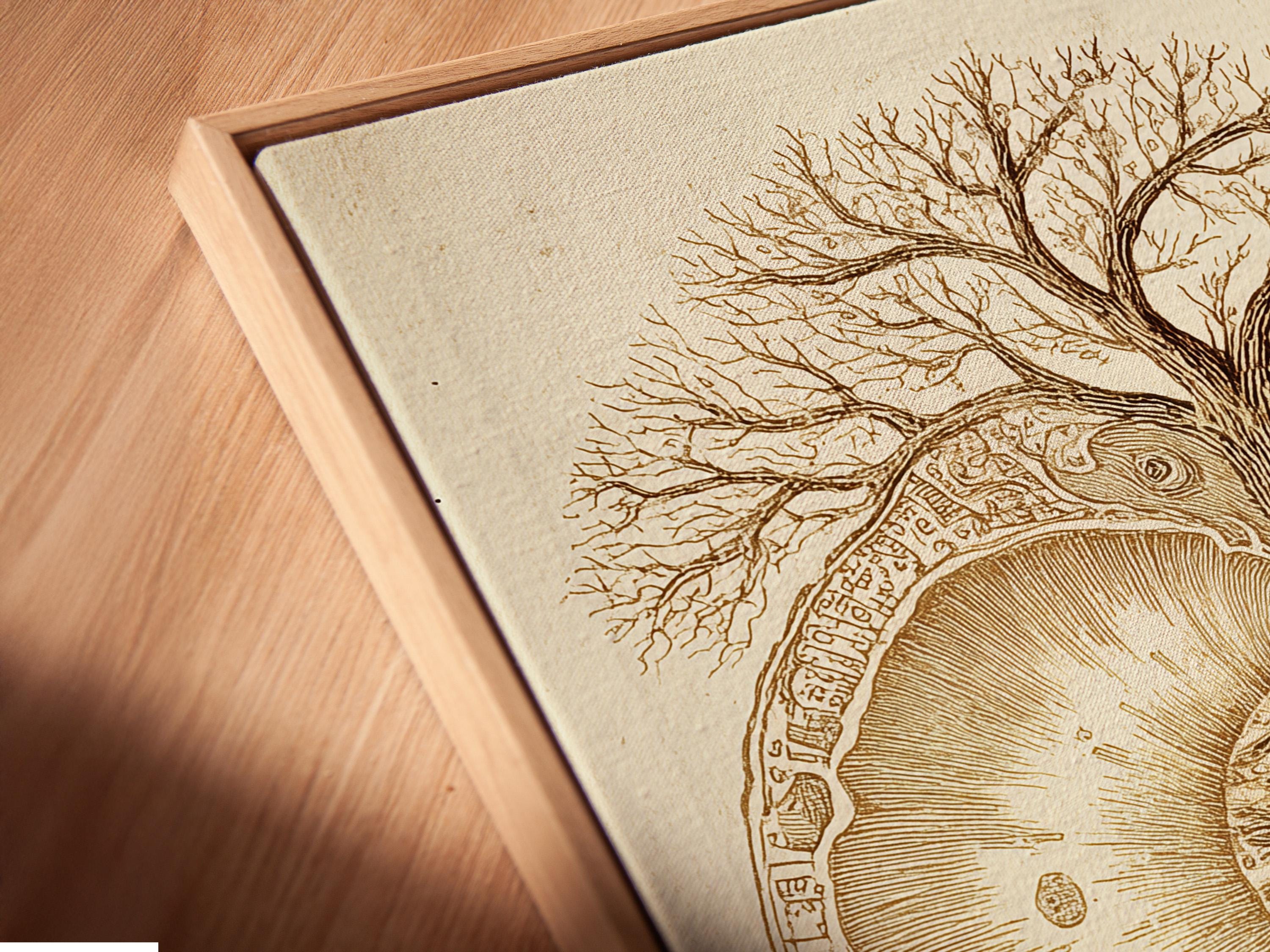 Tree of life symbol with gold and dark navy split circle on a beige background detail view