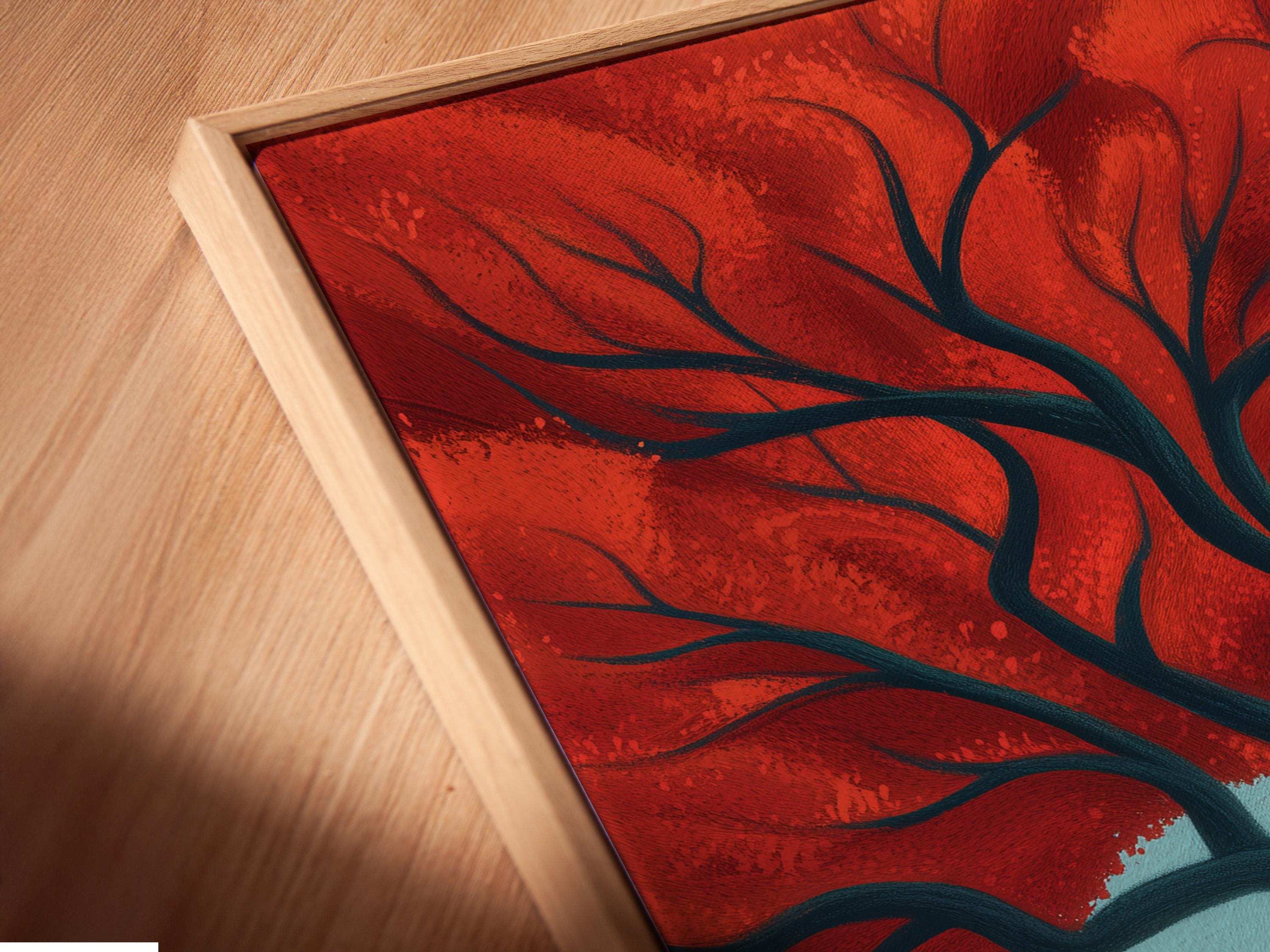 Stylised tree with a red canopy over a sandy beach with a blue ocean detail view