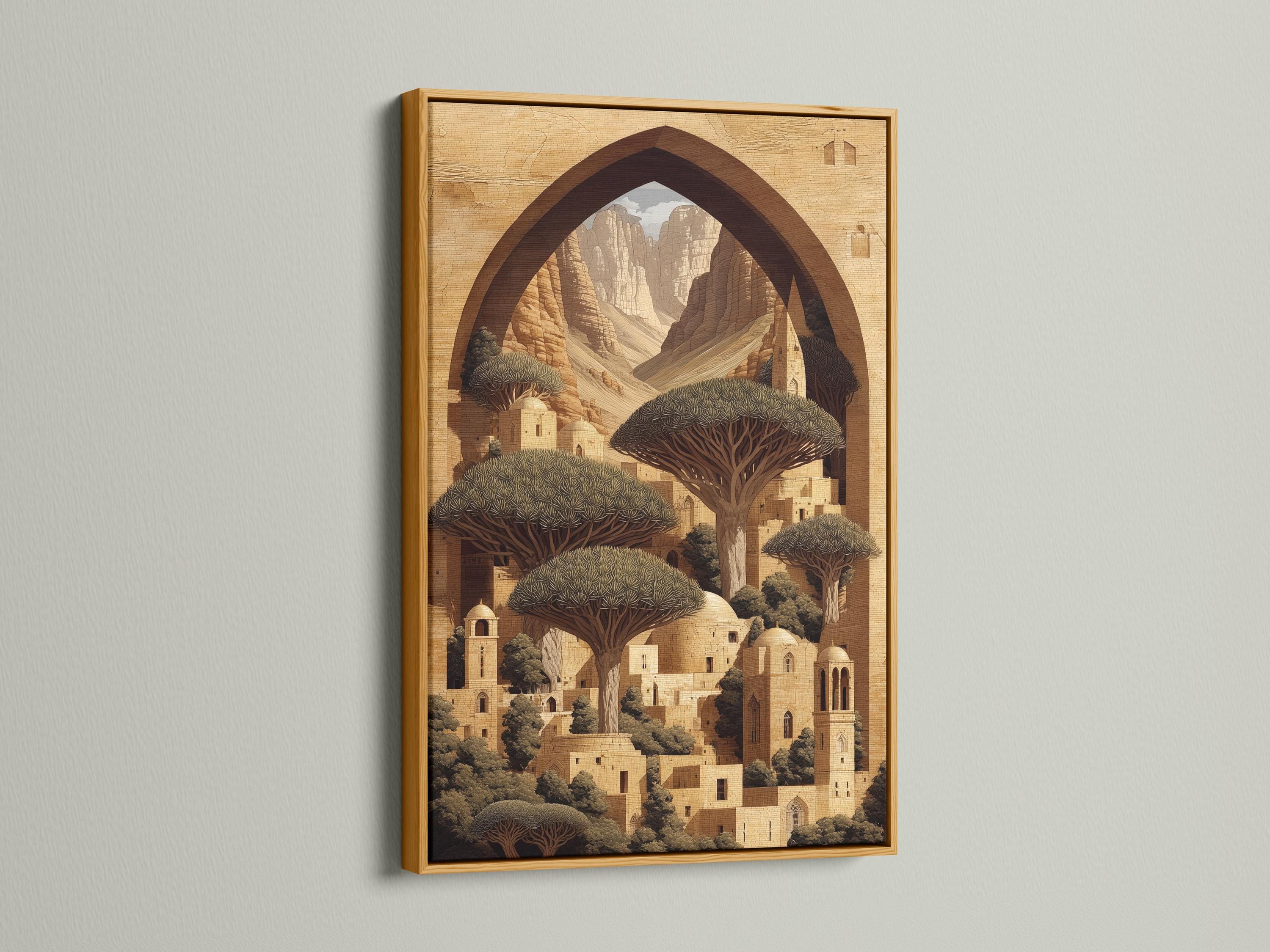Desert oasis architecture scene with a central arch framing mountains, domes and dark tree canopies detail view