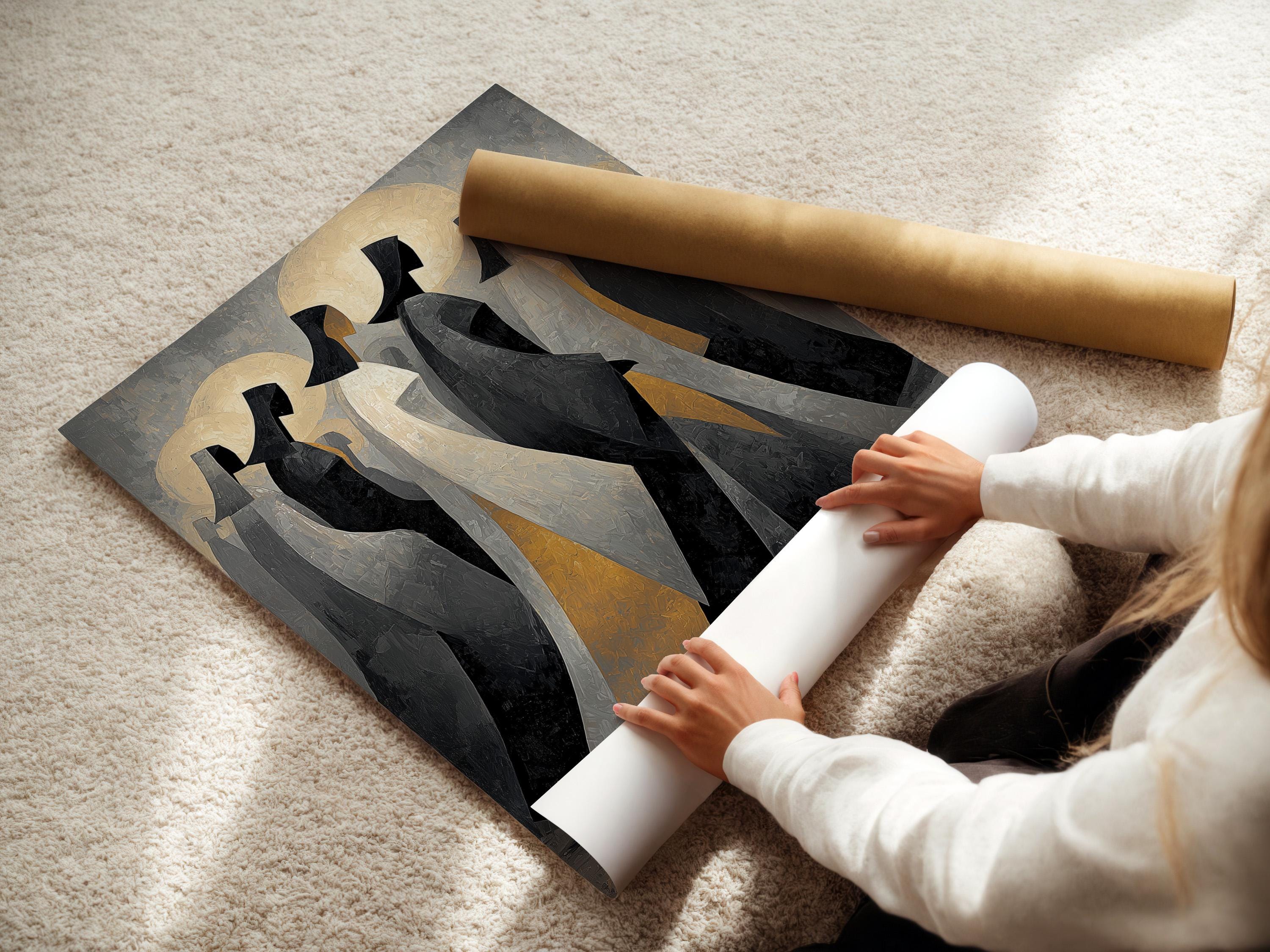 Framed artwork displayed on a neutral background with hooded figures and gold moon discs