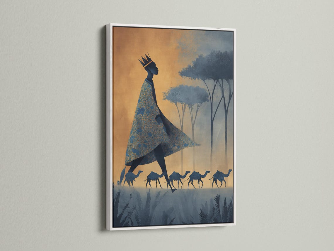 Crowned woman silhouette with camels in a gold and navy desert scene detail view