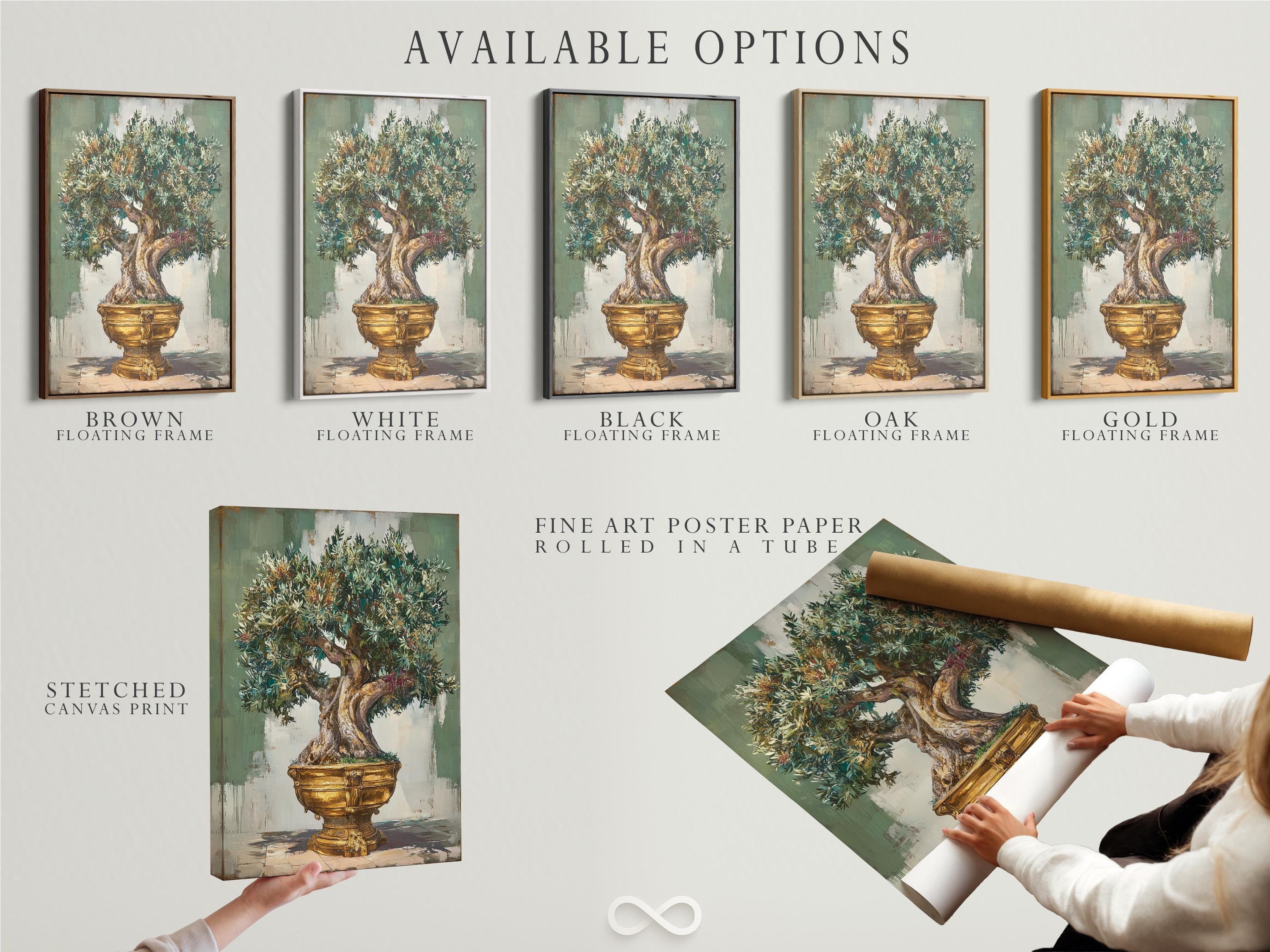 Room mockup showing olive tree wall artwork in a framed presentation