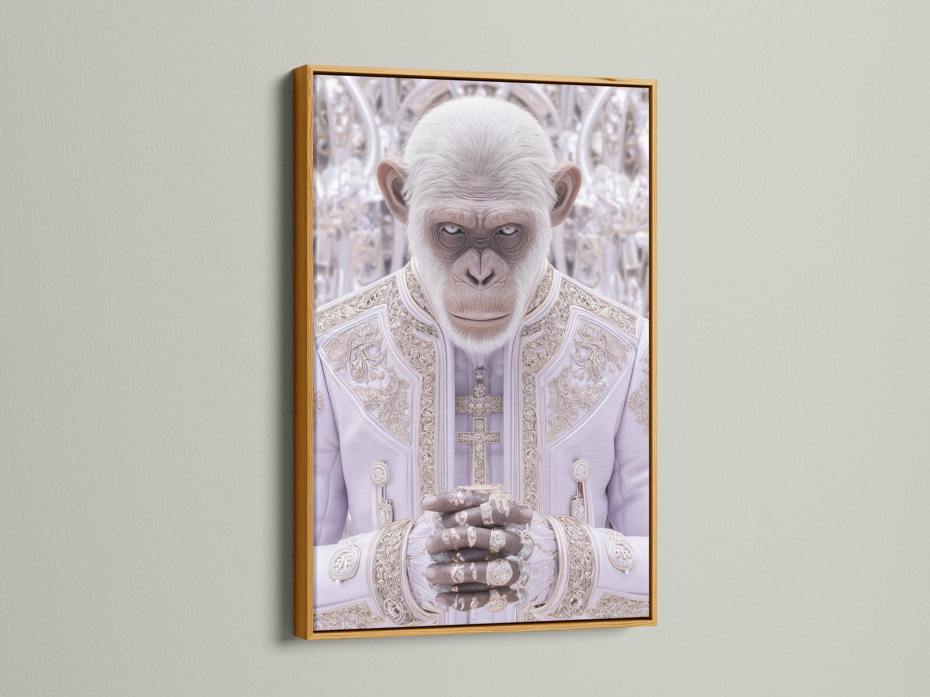 Surreal white monkey-like figure in ornate pale robes with cross motif in a soft lilac background detail view