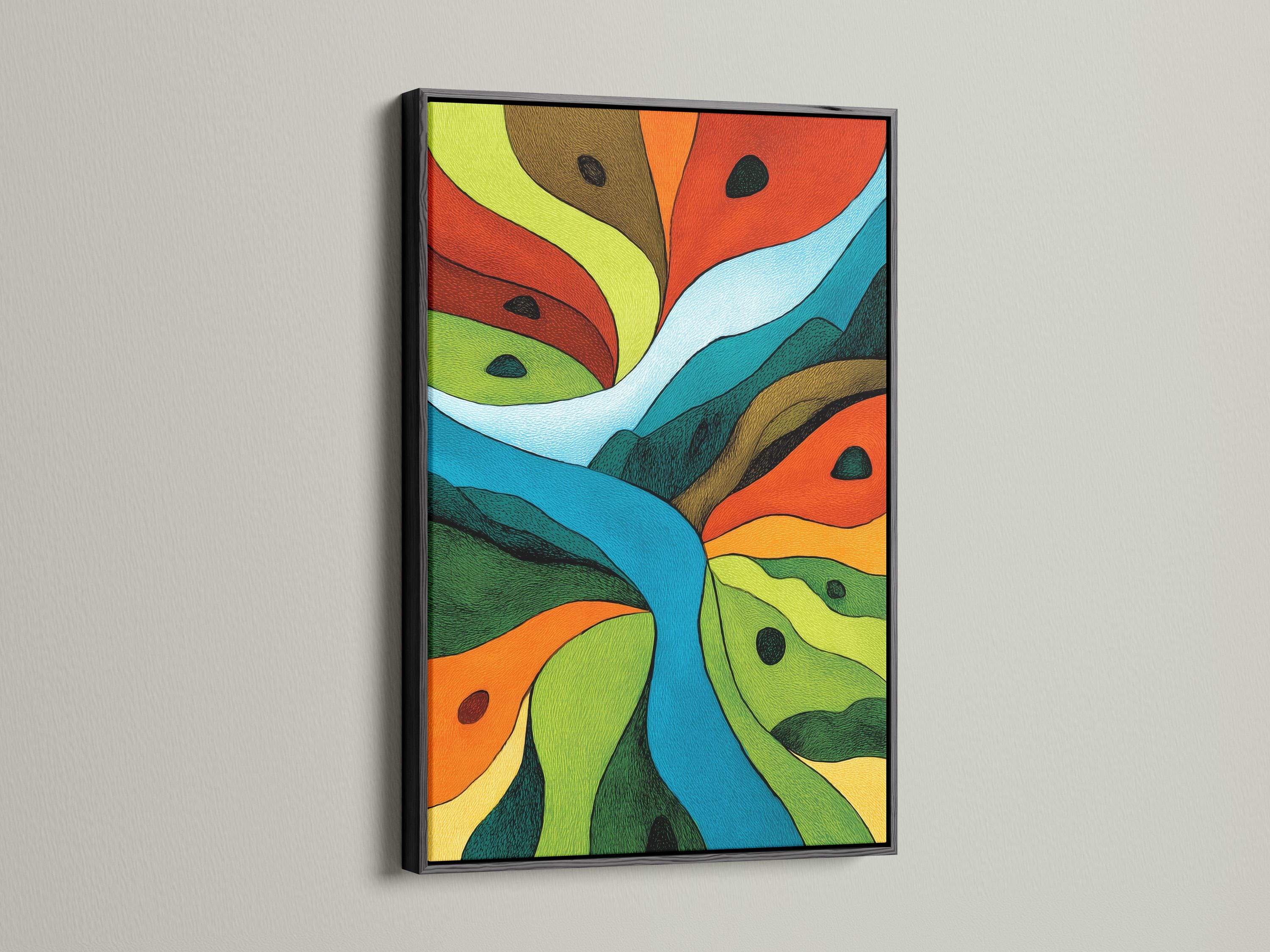 Abstract landscape artwork with sweeping green, orange and blue geometric curves detail view
