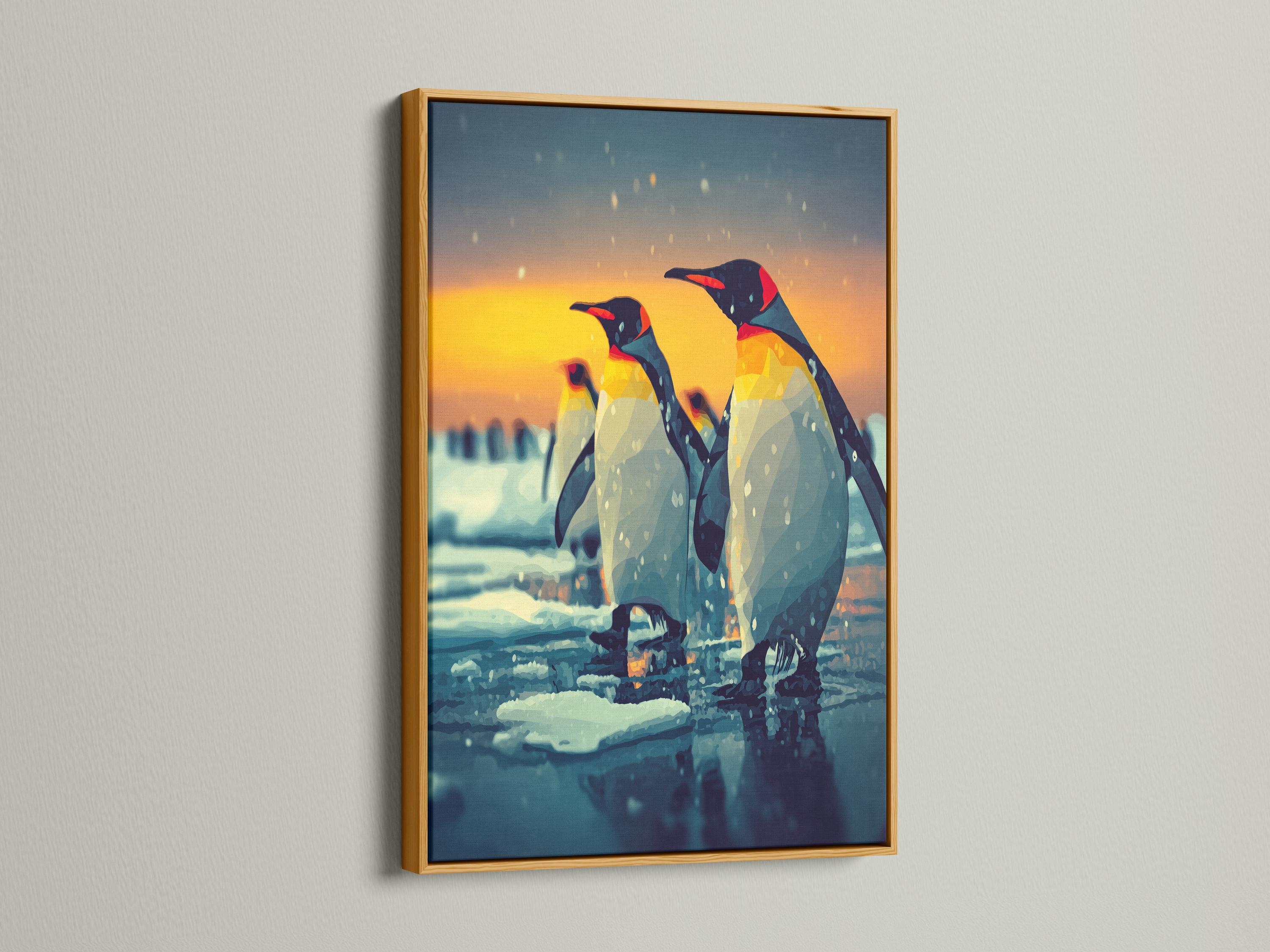 Two stylised penguins standing on an icy landscape under a sunset sky detail view
