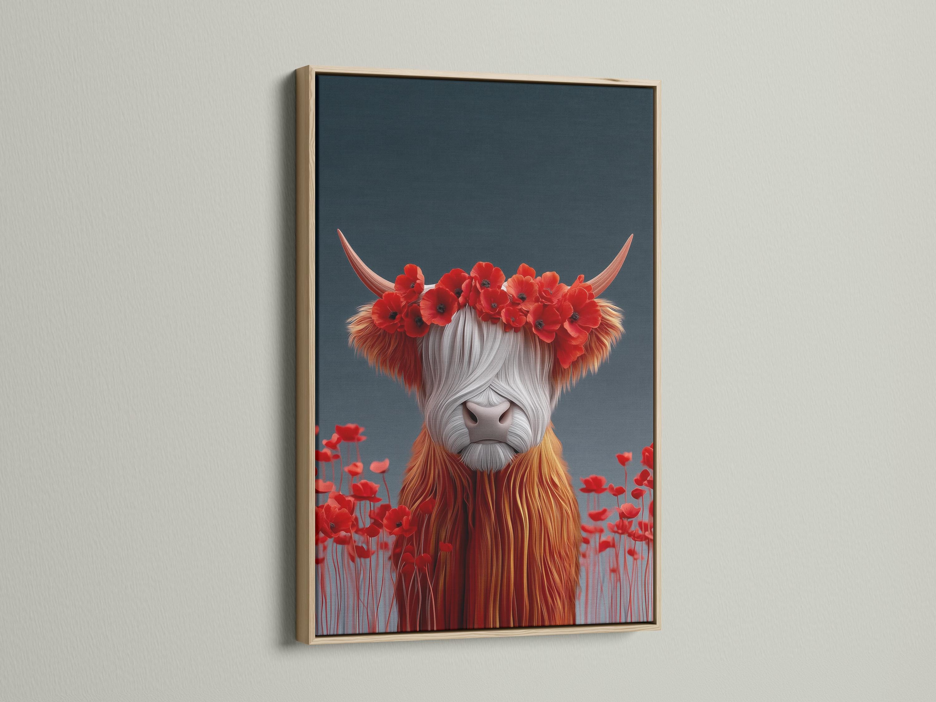Room mockup featuring a framed stylised Highland cow with red poppy flower crown