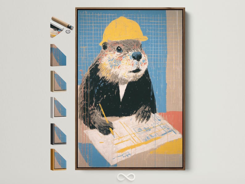 Stylised beaver wearing a yellow hard hat on a blue blueprint grid background