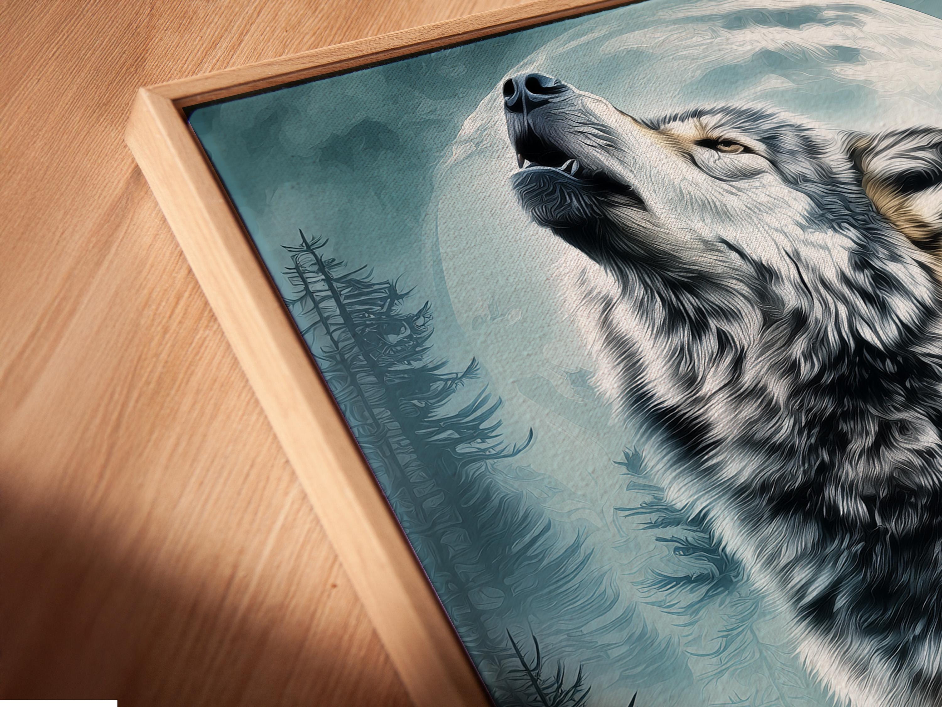 Wolf artwork mockup on a wall with teal forest and moon scene