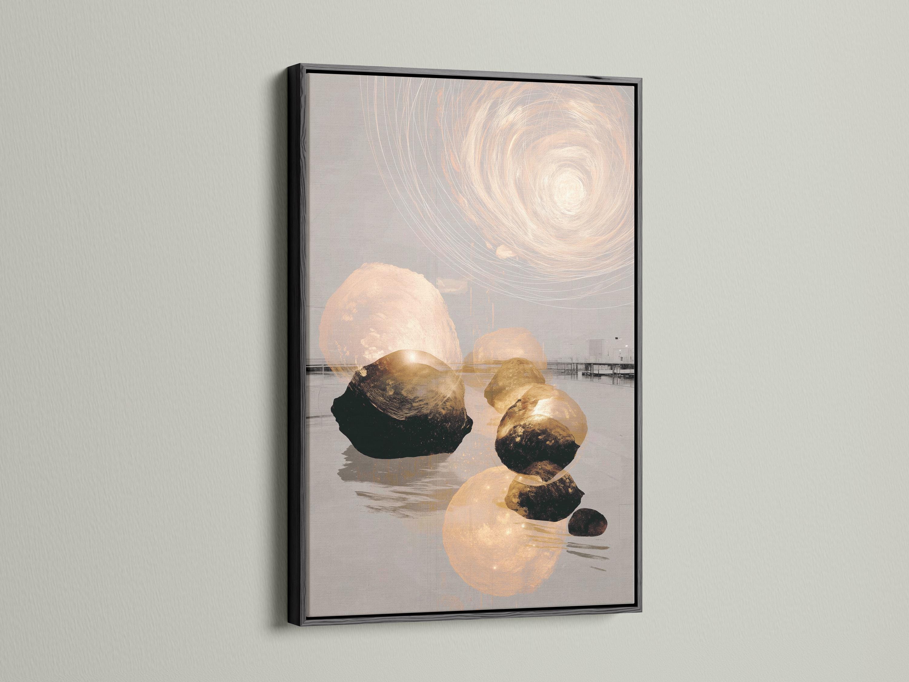Neutral abstract stone landscape with a pale circular swirl and subtle gold accents detail view