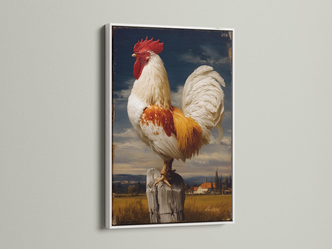 Vintage rooster portrait with red comb and pale feathers in a countryside landscape detail view
