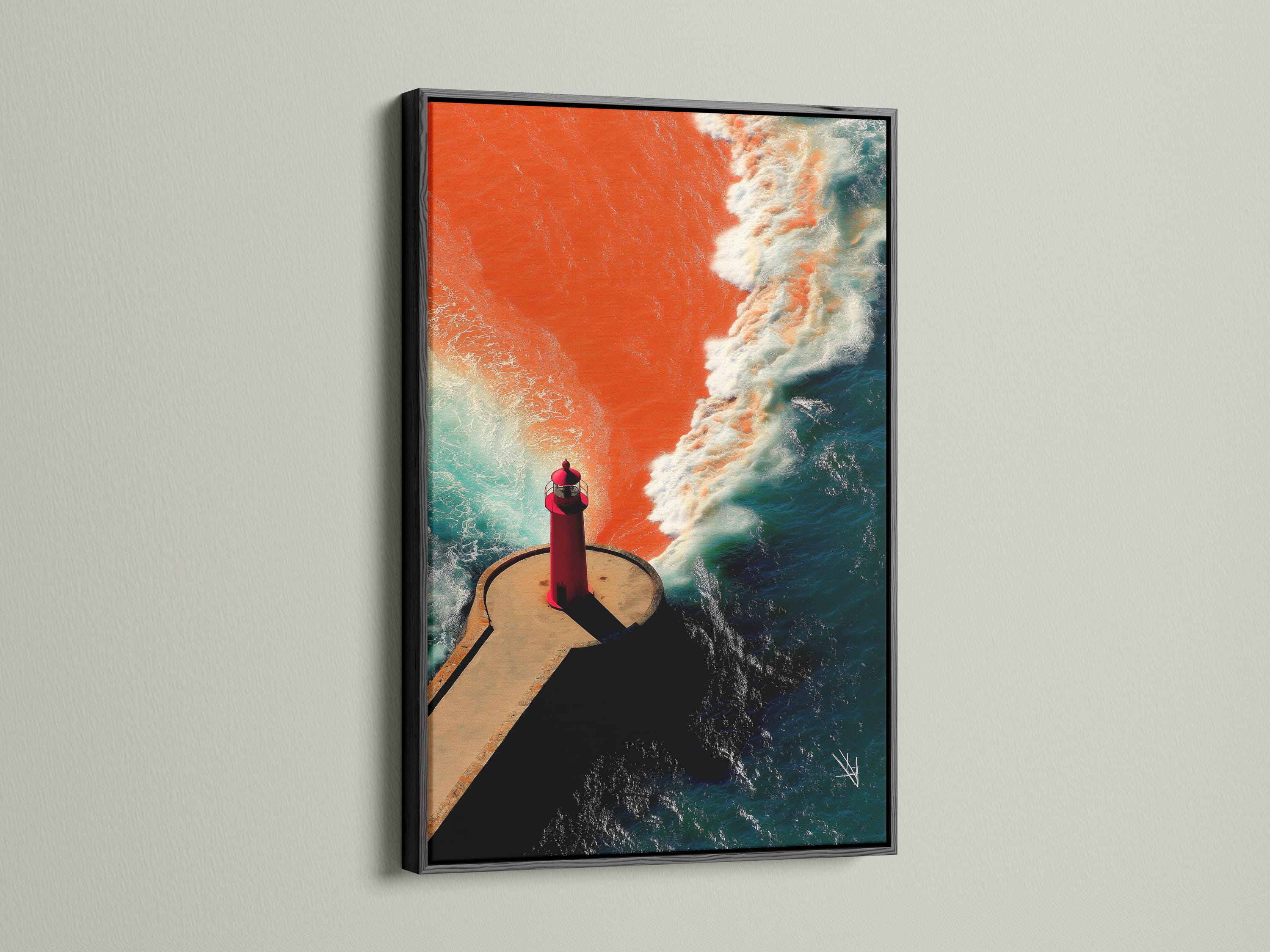 Red lighthouse on a curved pier with teal ocean waves and white foam detail view