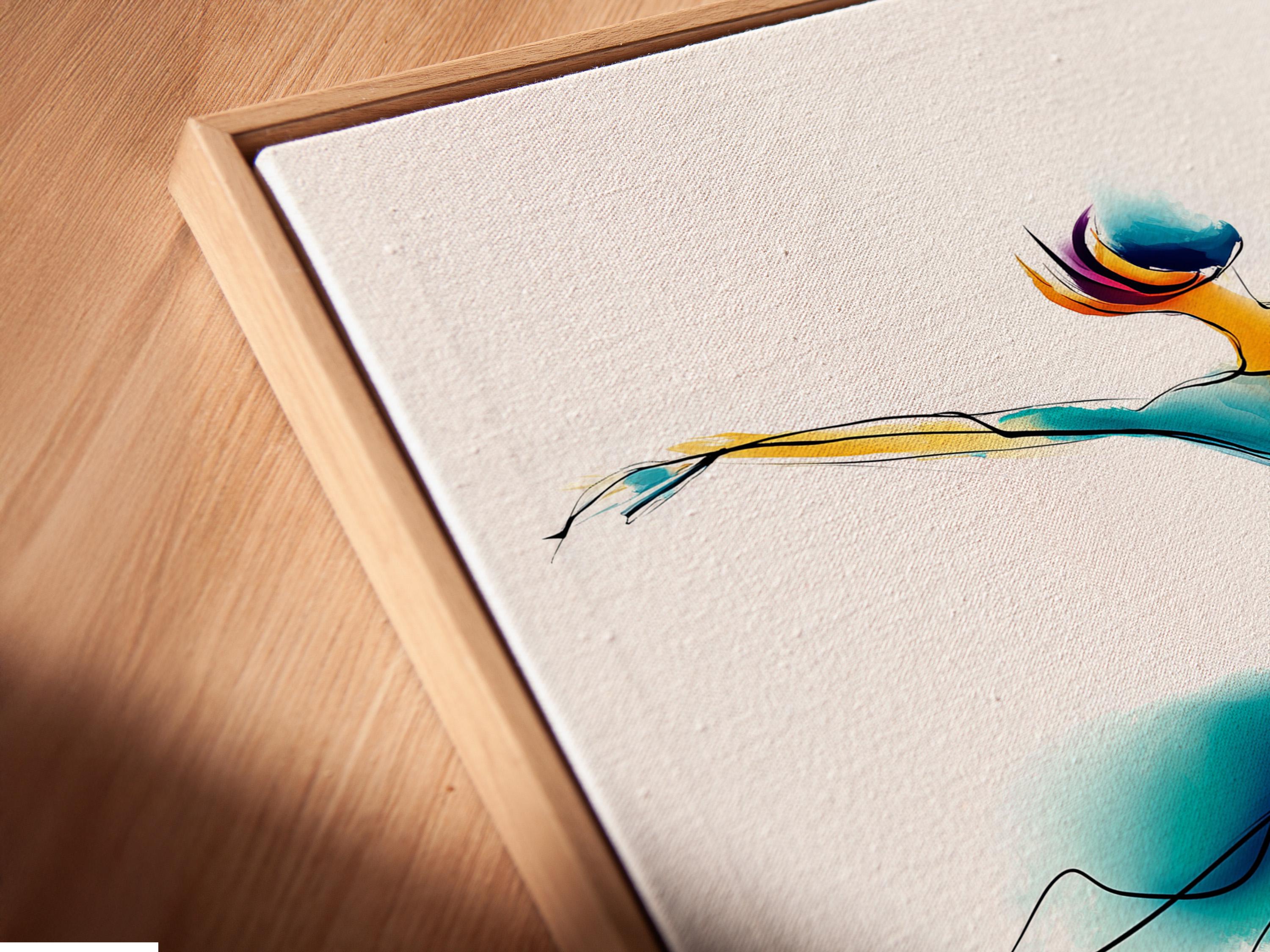 Ballet dancer illustration with teal, purple, and gold swirls on a white background detail view
