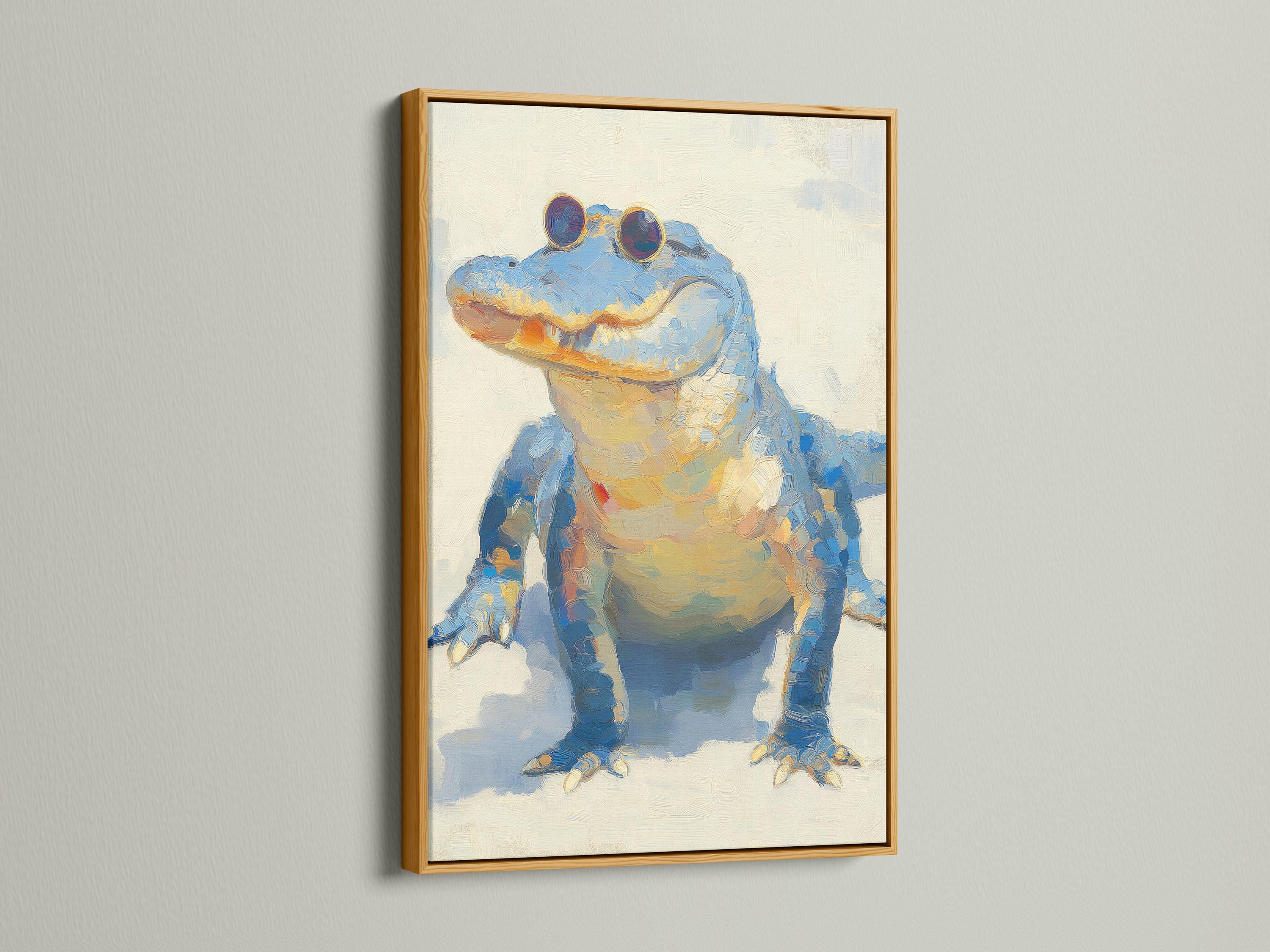 Blue alligator illustration wearing round sunglasses on a cream textured background detail view