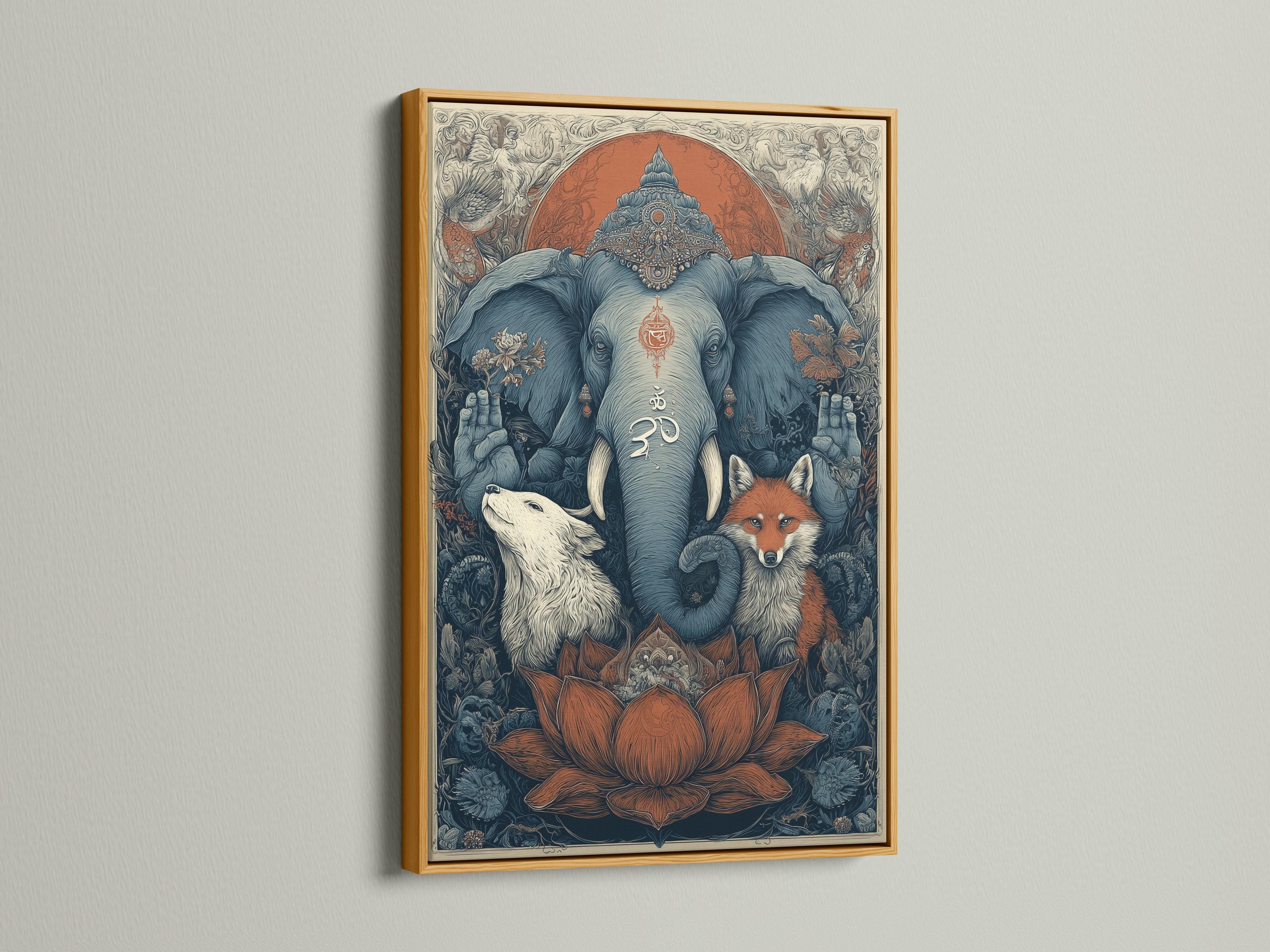 Ornate spiritual animal illustration of a blue elephant with an om symbol, fox and wolf in a forest scene detail view