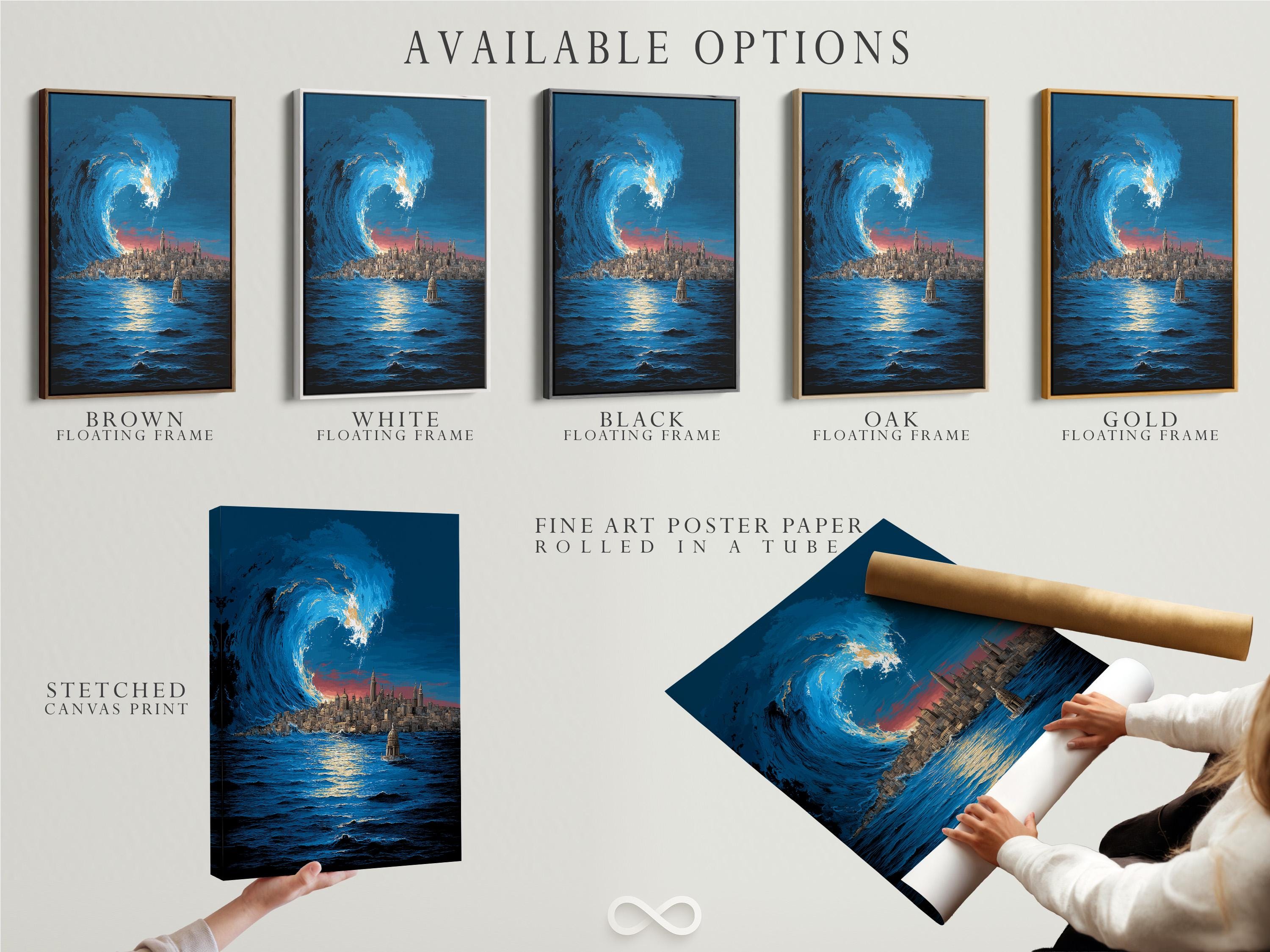 Coastal cityscape artwork in a framed wall mockup showing a large blue wave and skyline