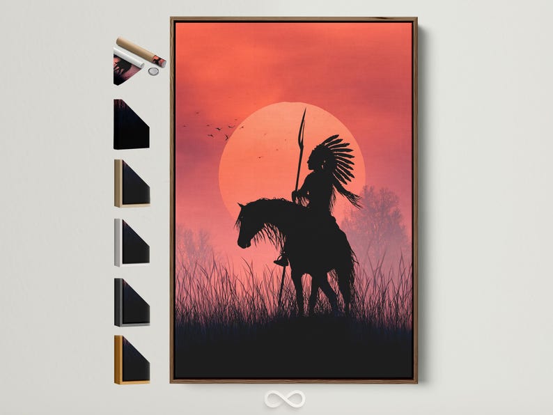 Red sunset circle with a dark horse rider silhouette holding a spear, birds in flight and silhouetted grasses
