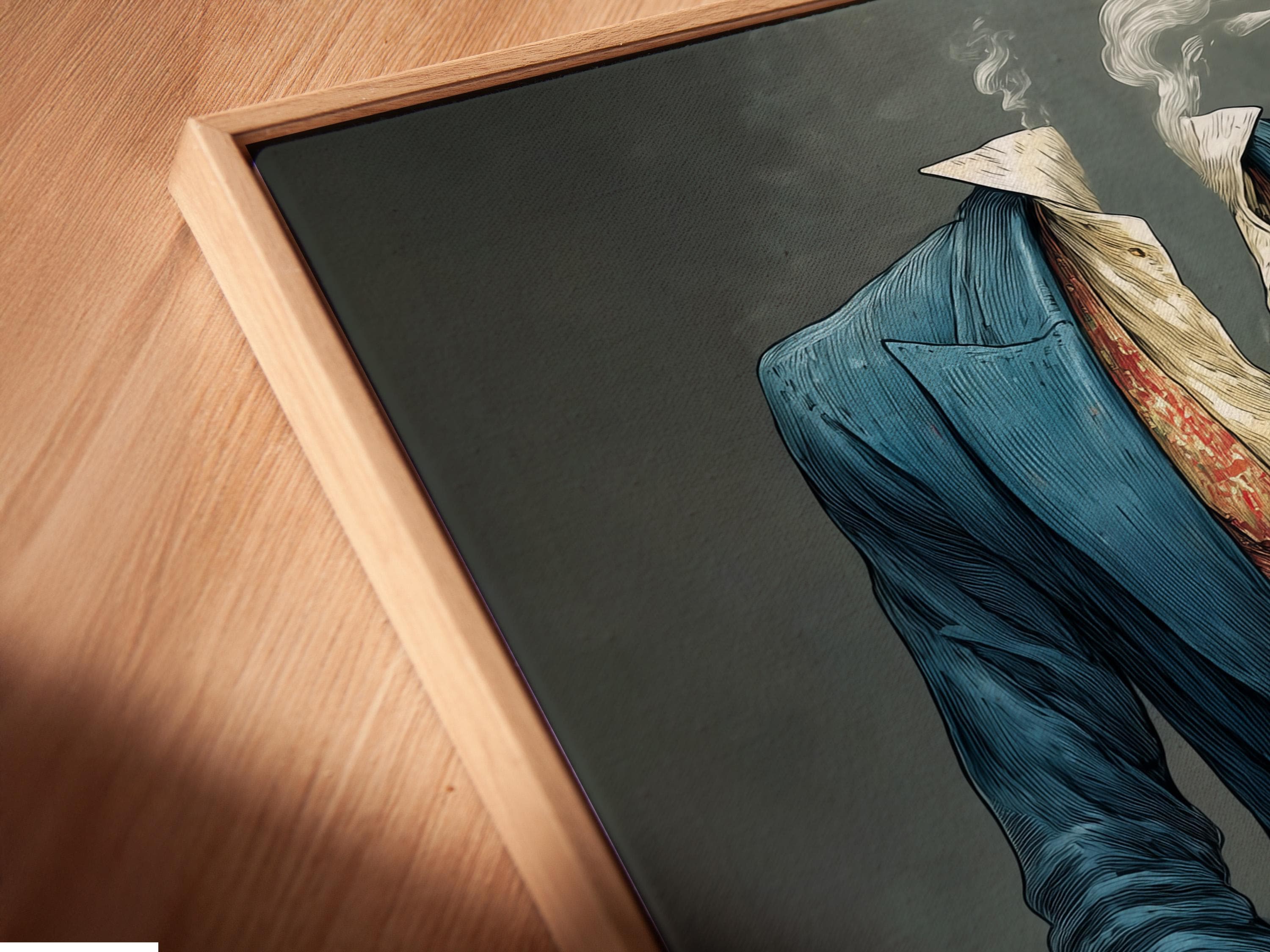 Headless pianist in a blue suit playing an illustrated piano with smoke-like curls behind detail view