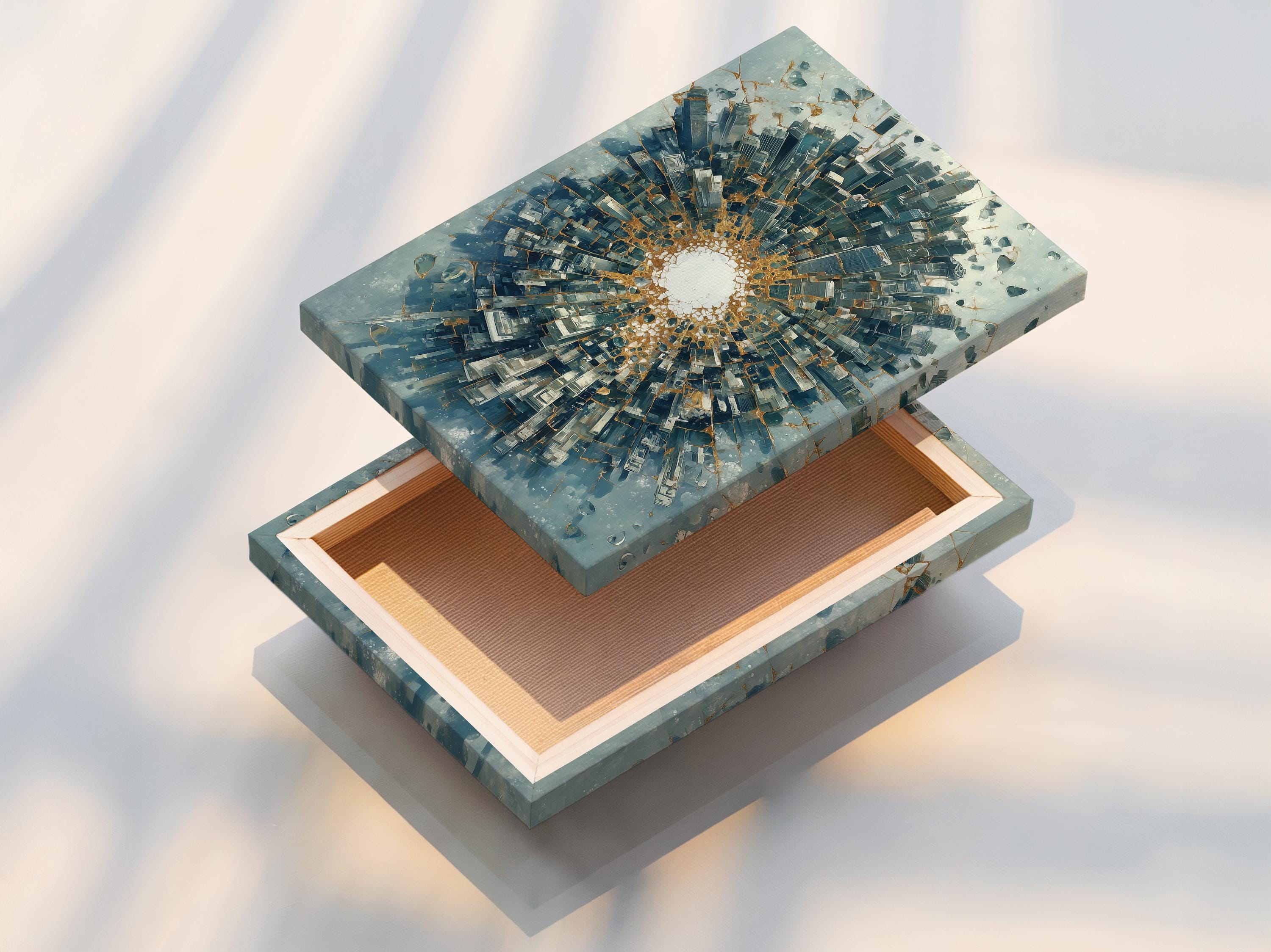 Abstract city tunnel artwork with radiating blue-grey buildings and warm gold accents detail view