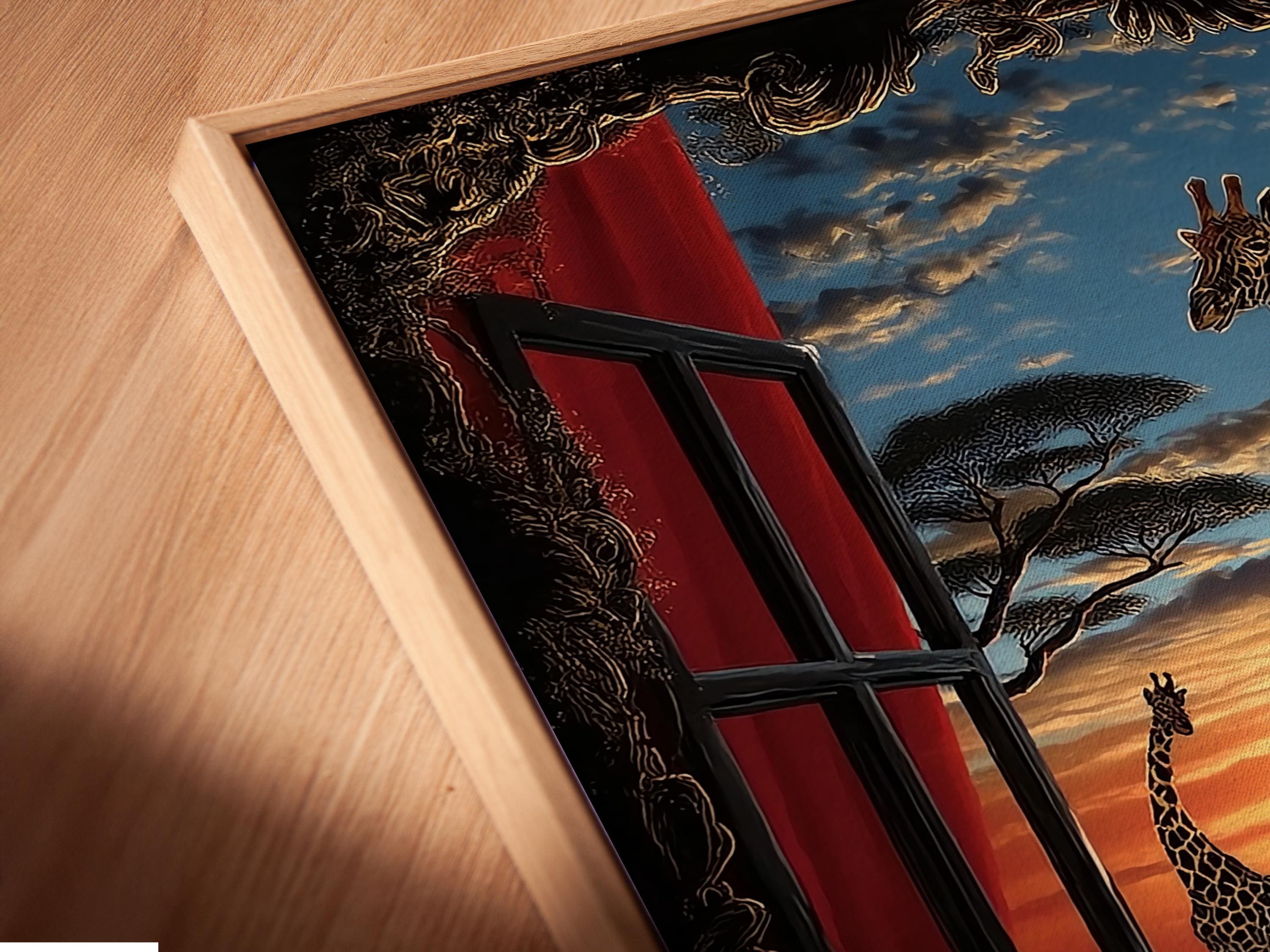 Framed giraffe window-view sunset artwork shown on a wall, with curtain shutters and a savanna