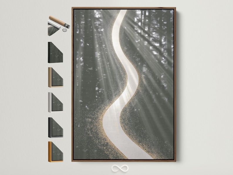 Abstract charcoal grey forest background with a large white curved ribbon and gold speckles