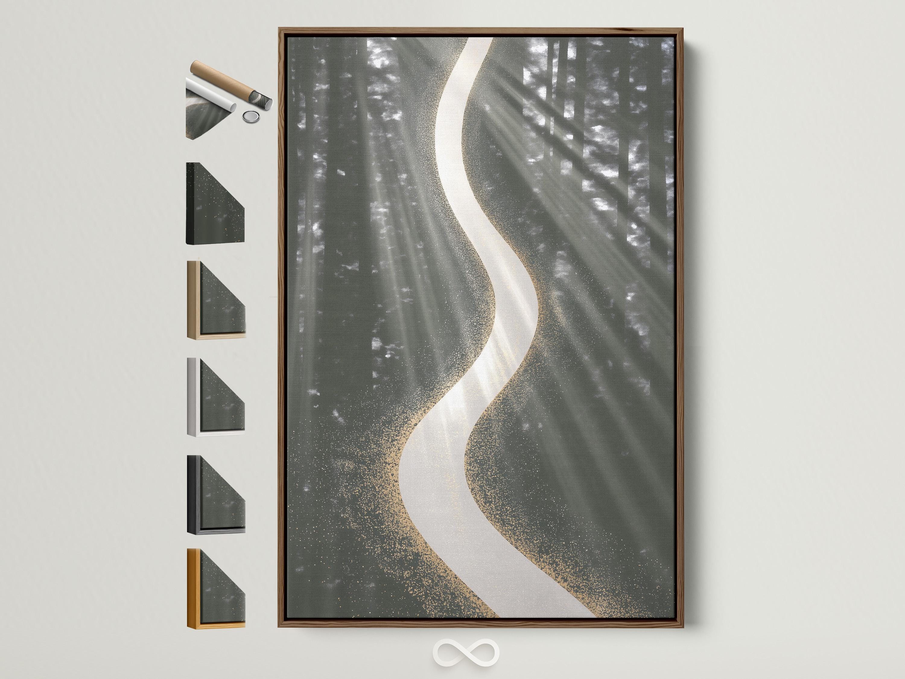 Abstract charcoal grey forest background with a large white curved ribbon and gold speckles
