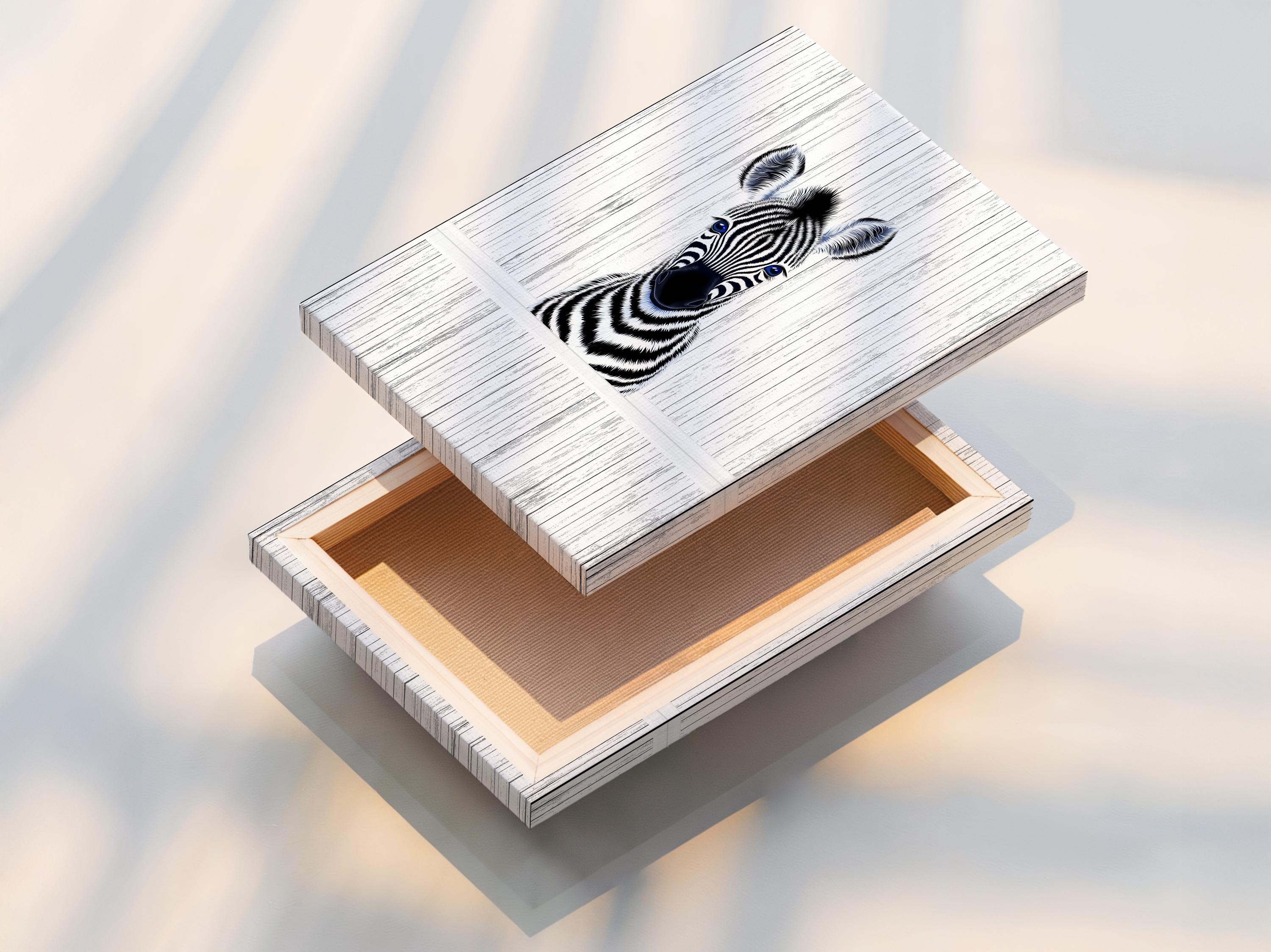 Room mockup showing framed zebra portrait wall art with black and white stripes and blue eyes
