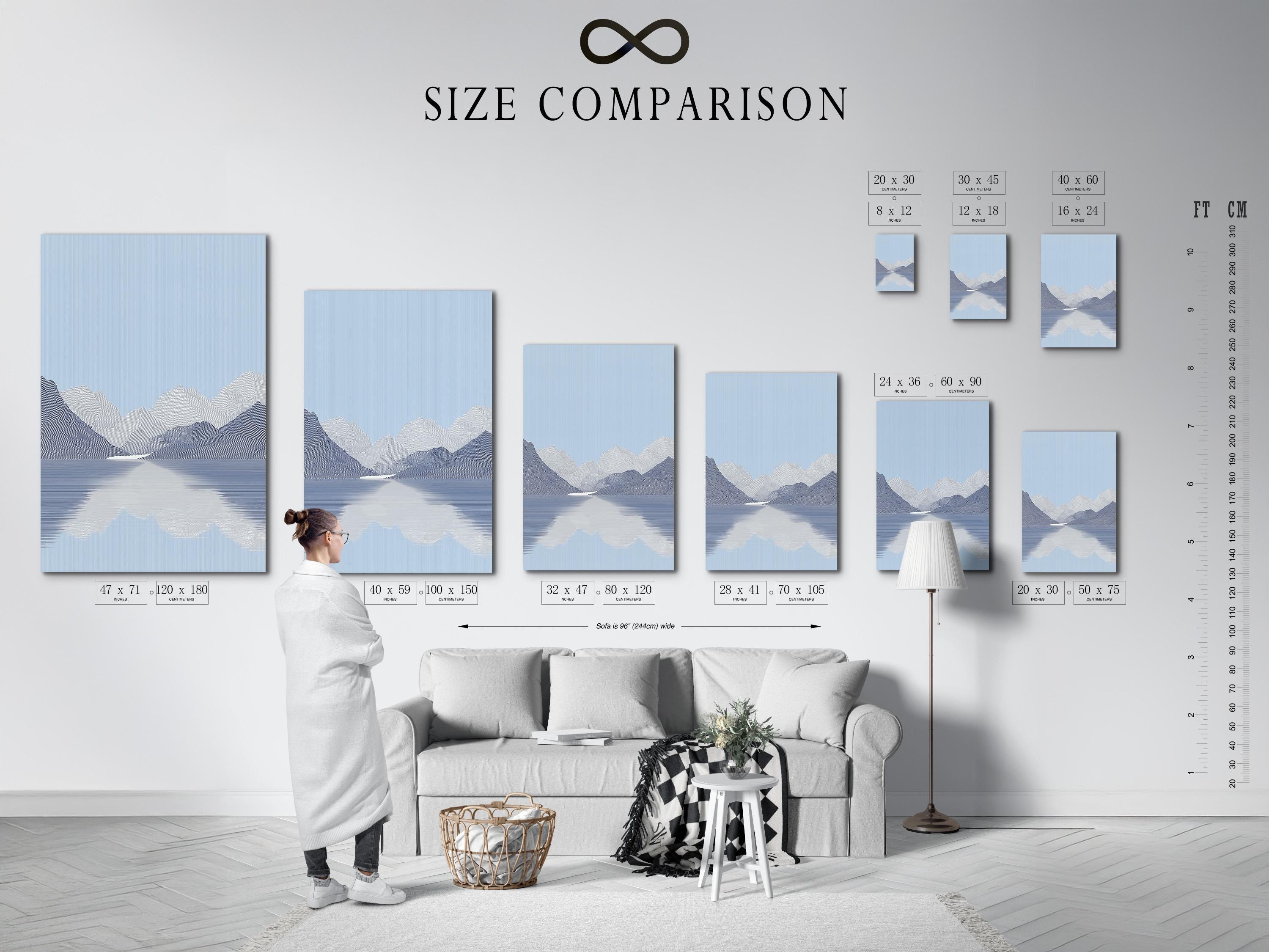 Minimalist light blue mountain landscape with layered contour lines and reflective water detail view