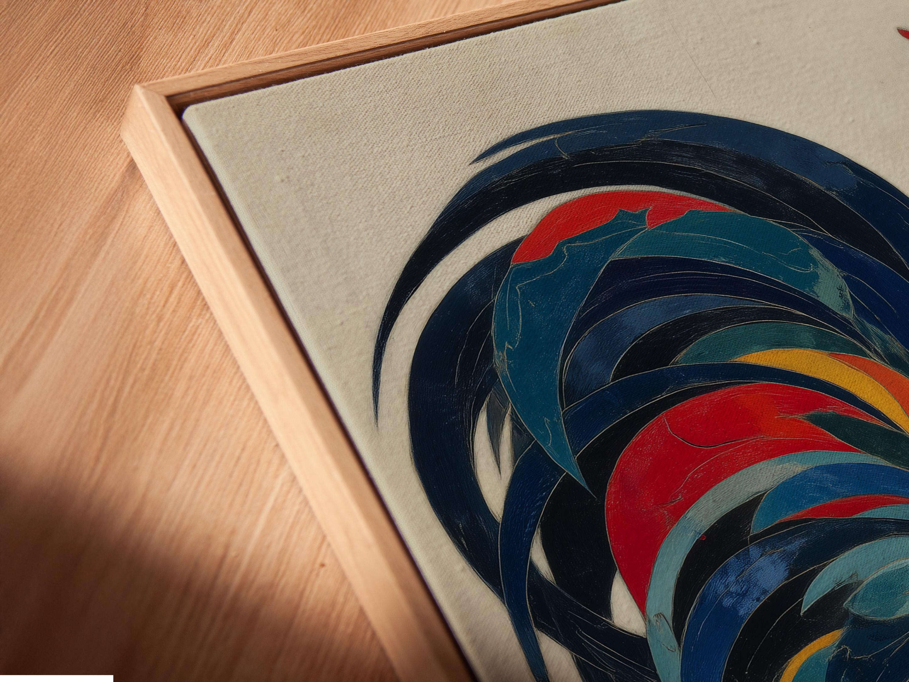 Colourful rooster illustration with layered red, blue and yellow feathers on an off-white background detail view