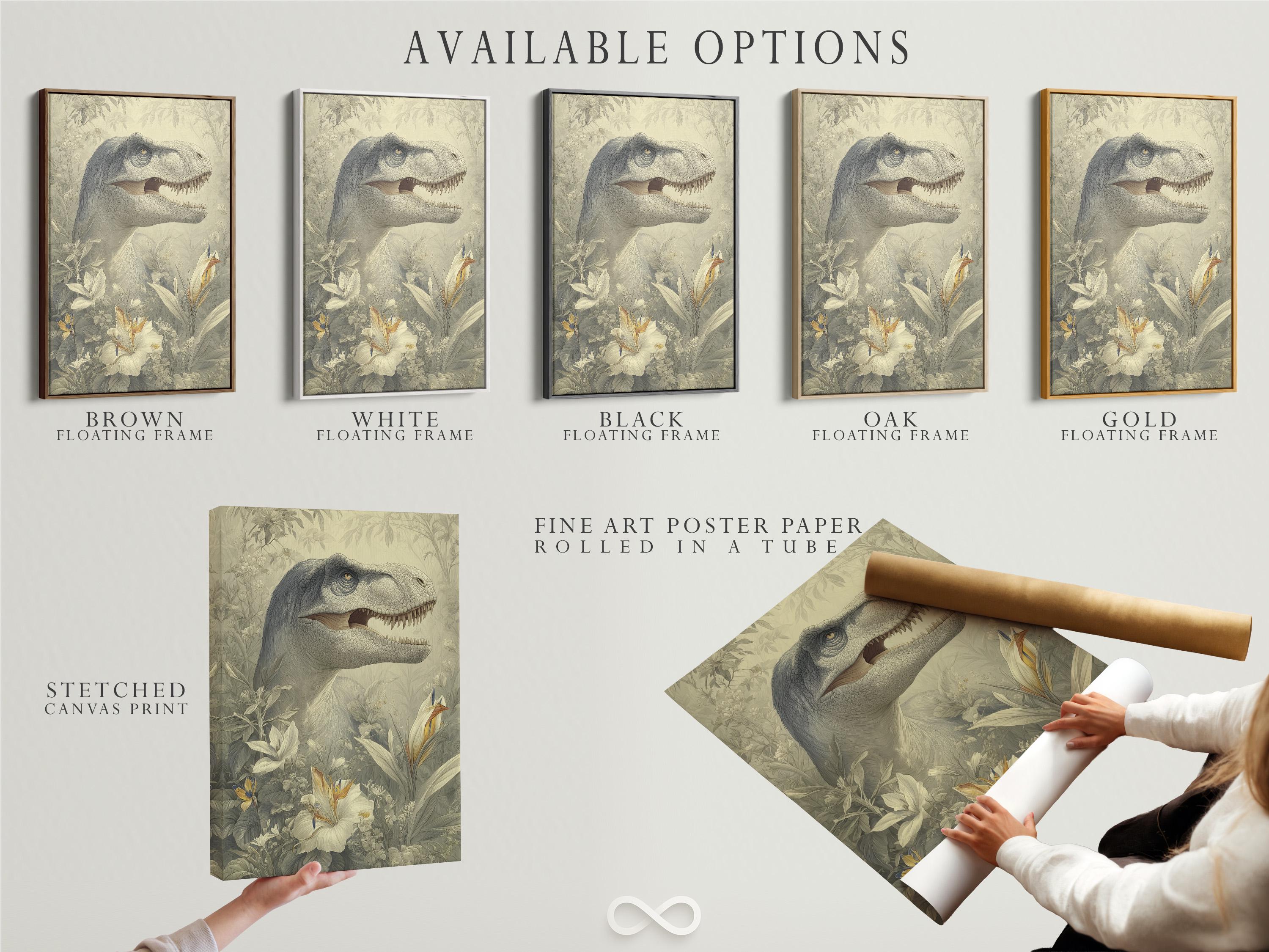Woman standing in a room next to a framed dinosaur and botanical illustration on the wall