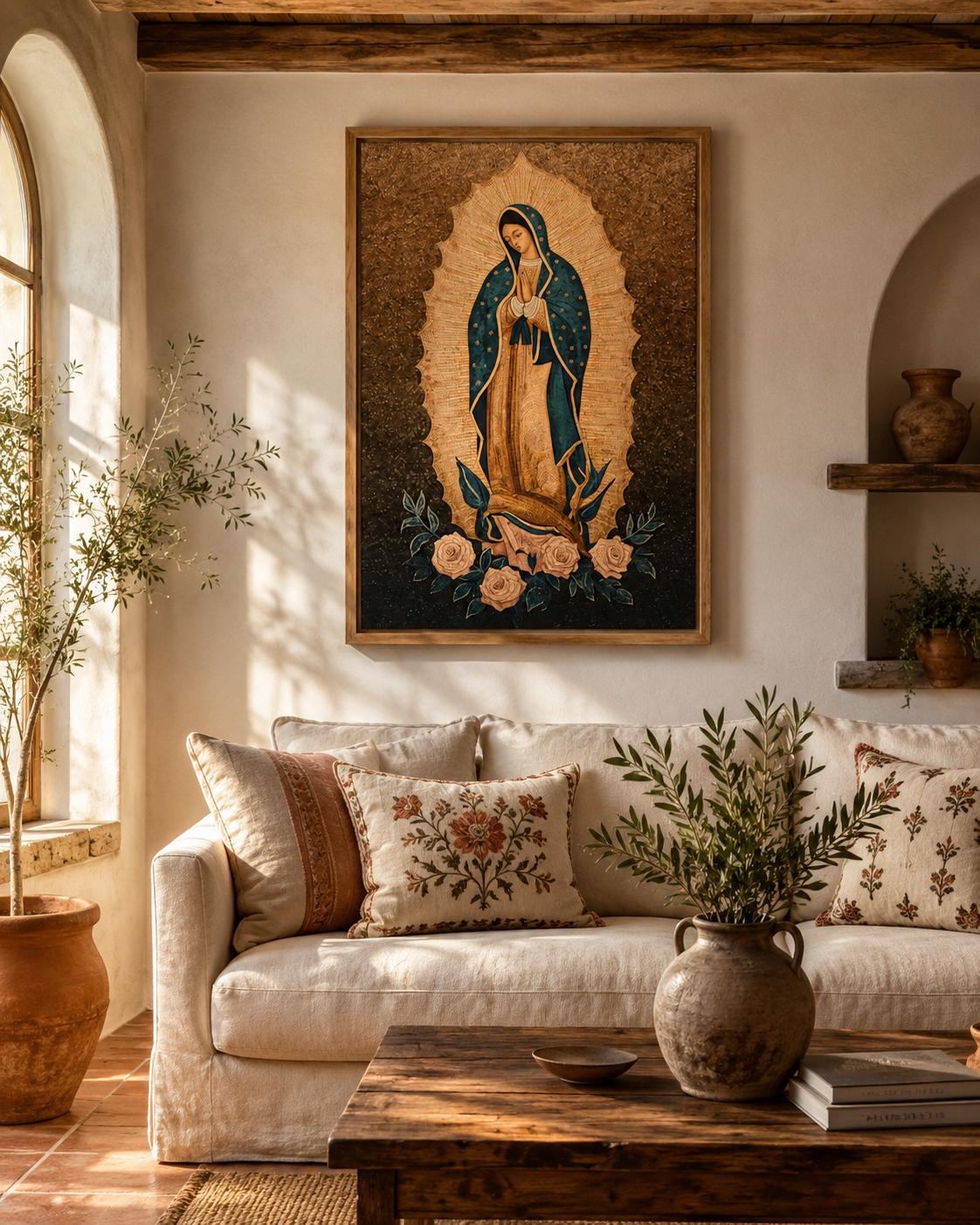 Woman praying beside a framed Virgin Mary portrait on a wall above a table with candles and flowers