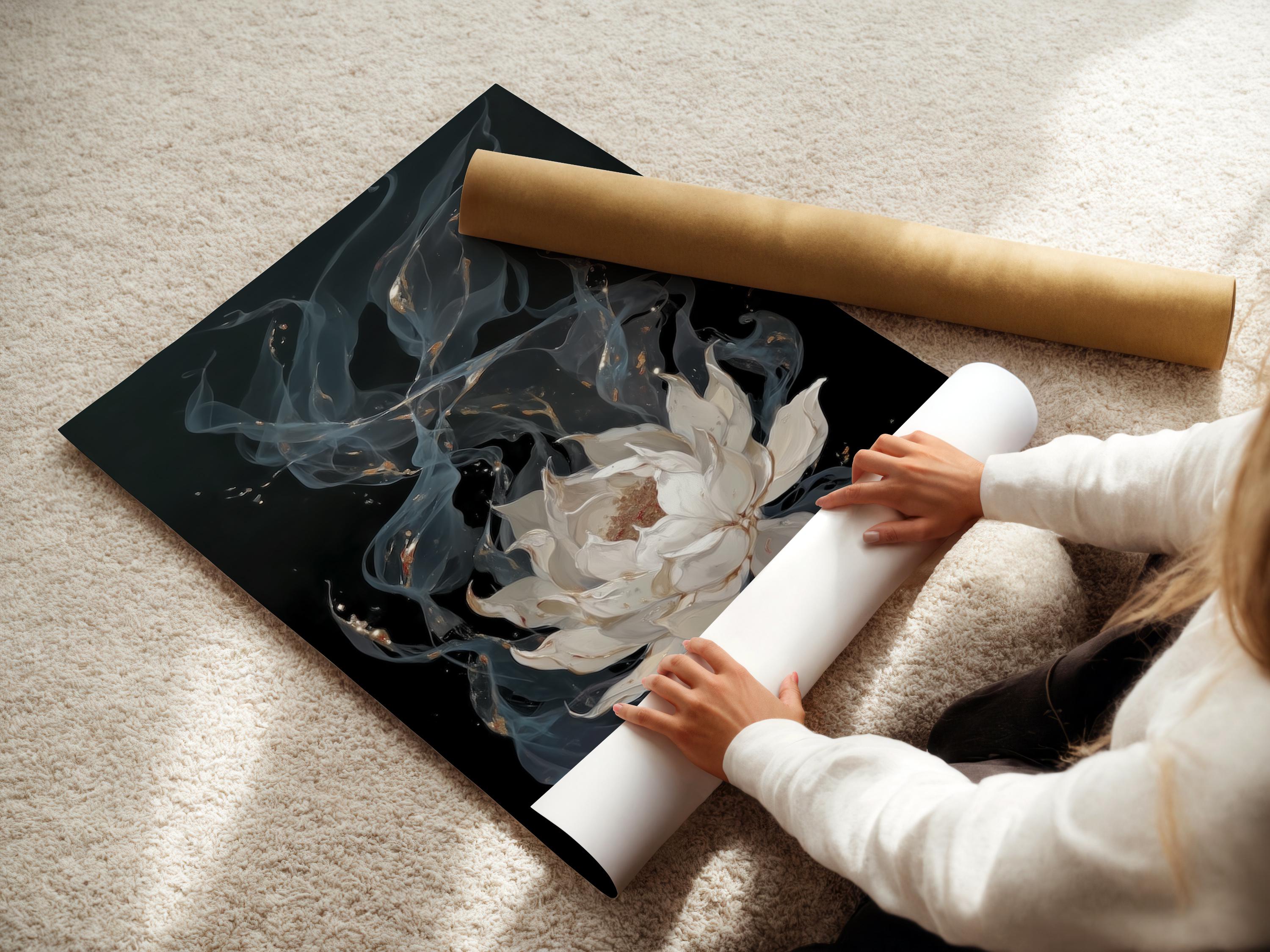 Painterly white lotus flower with swirling blue-grey petals and gold flecks on a dark background detail view