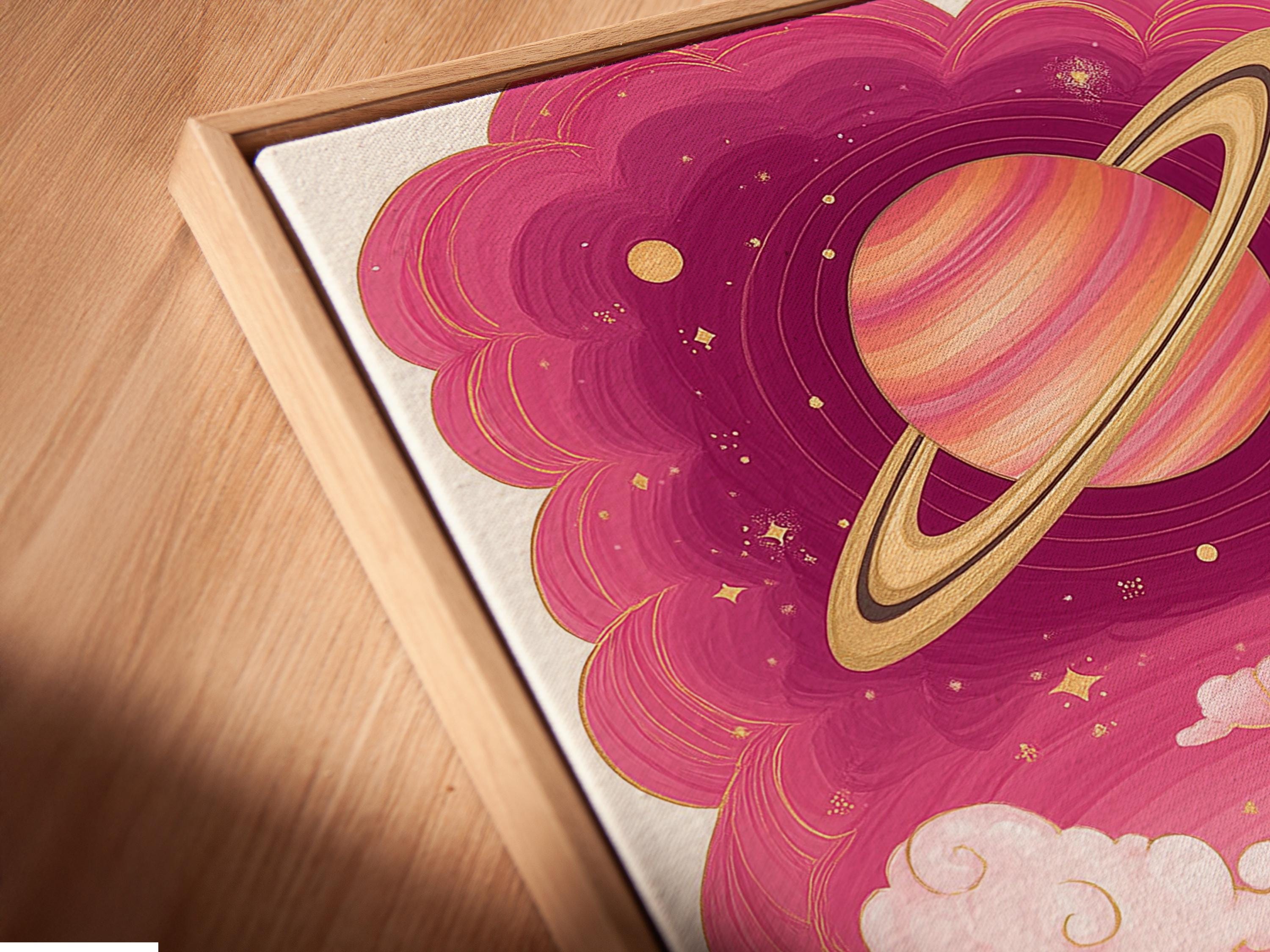 Whimsical ringed planet over swirling pink clouds with rainbow and teal ocean waves detail view