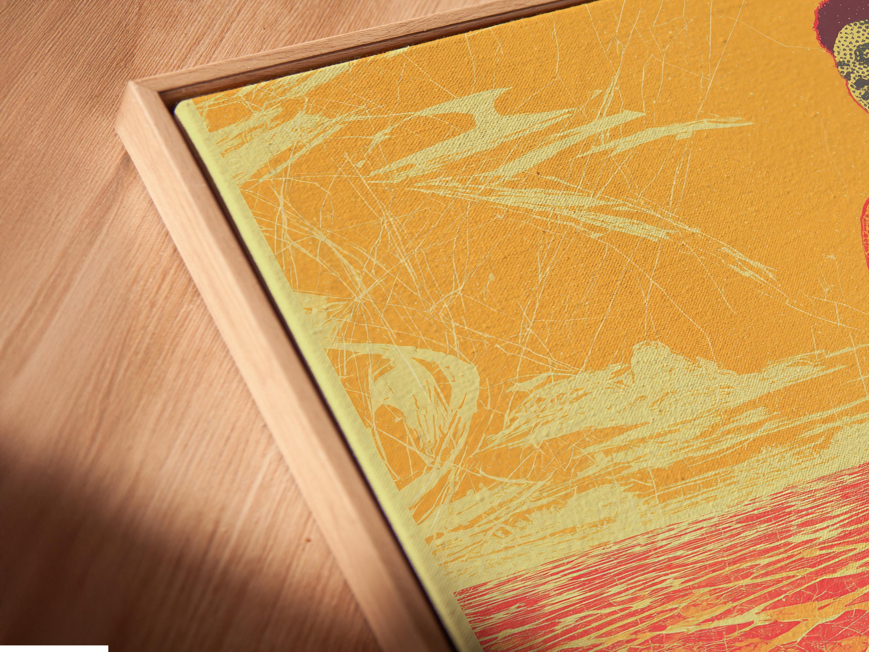 Red and gold desert scene with a woman in profile walking forward detail view