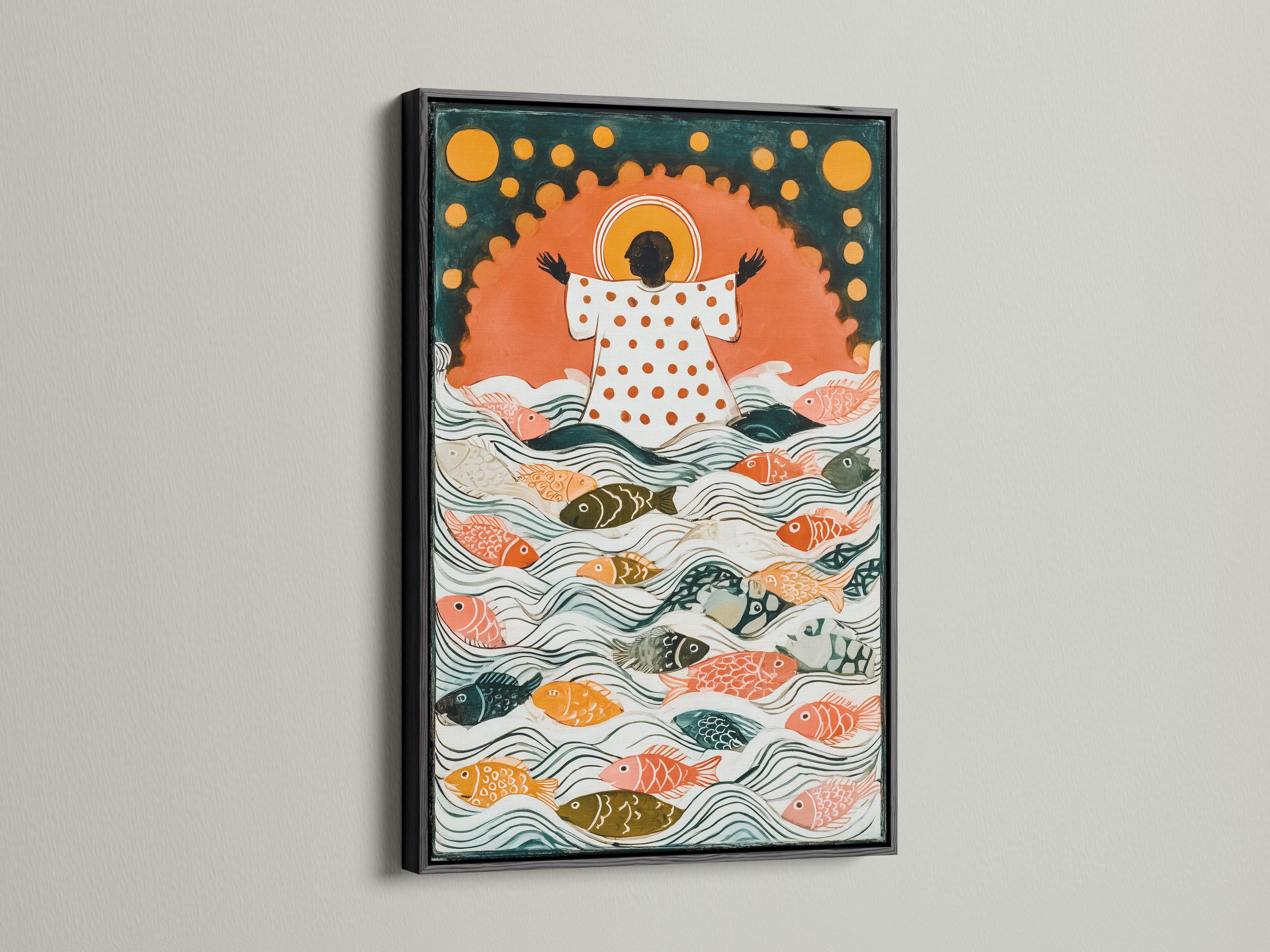 Illustrated underwater scene with many colourful fish swimming in teal and cream waves detail view