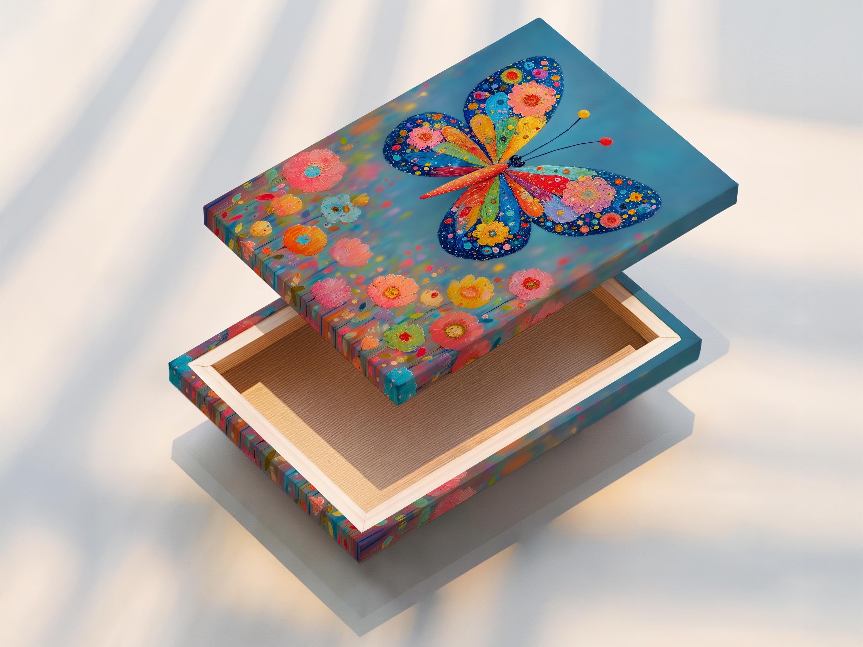 A bright stylised butterfly with patterned wings over colourful flowers on a blue background detail view