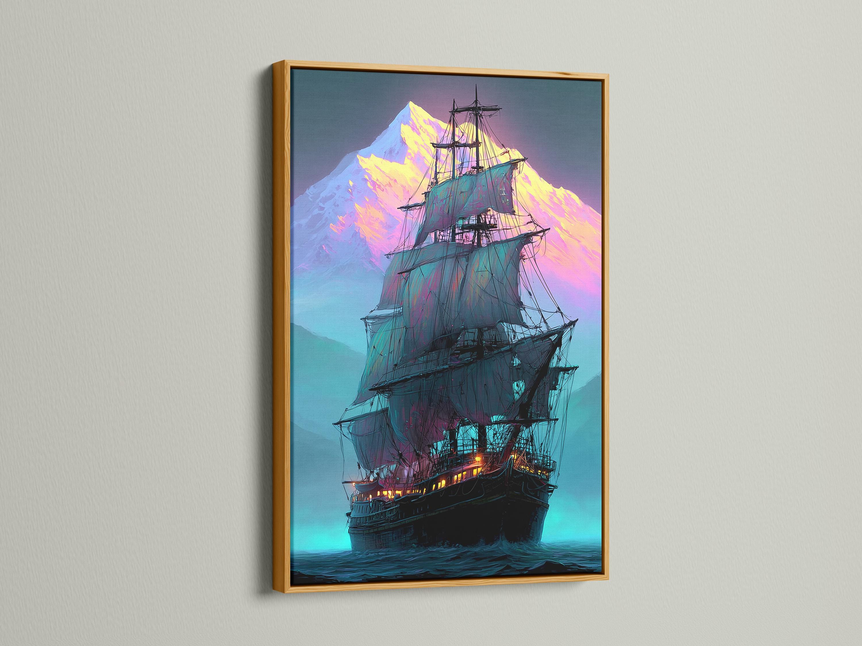 Neon-coloured sailing ship with teal ocean waves and glowing purple mountains detail view